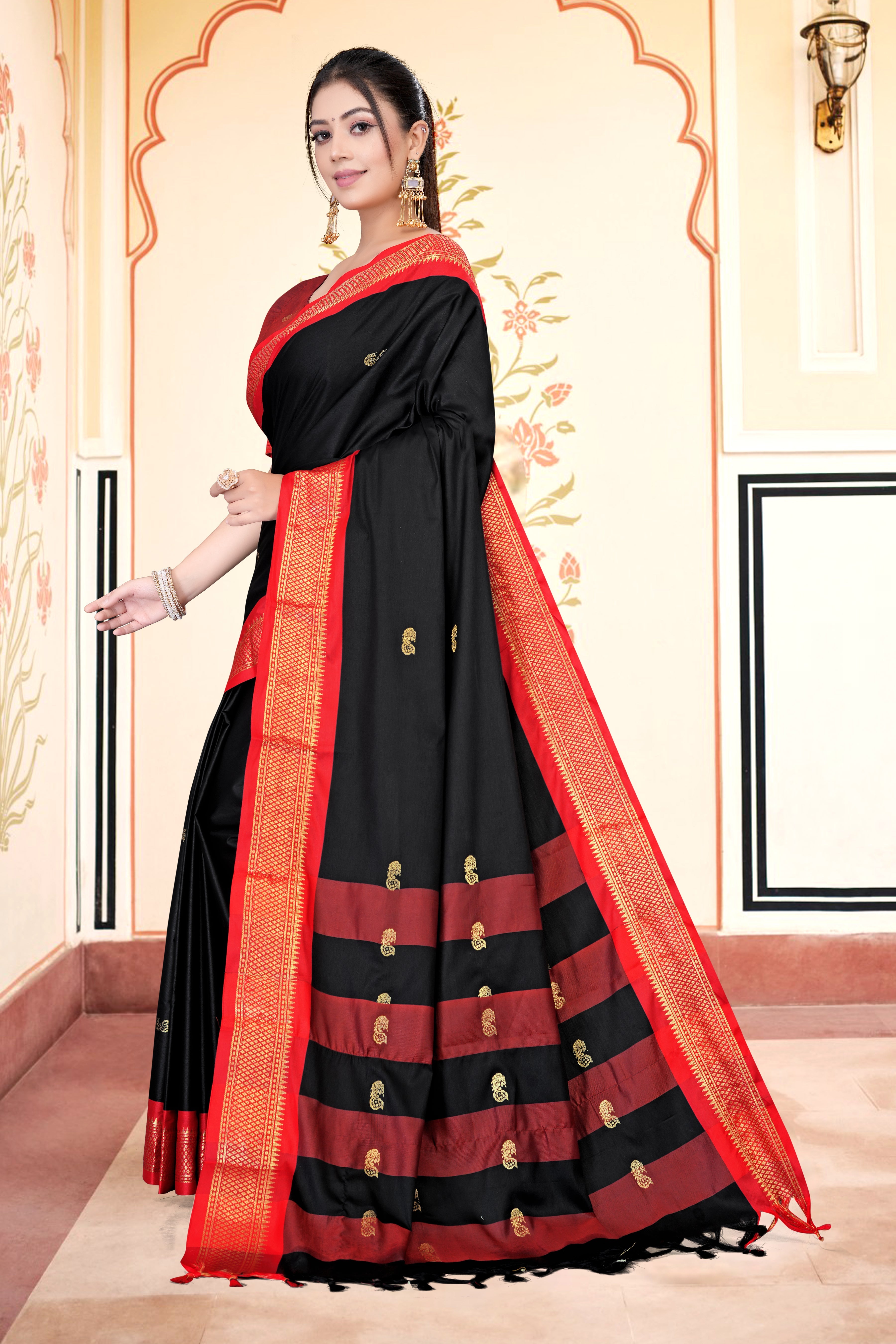 Black & Red Paithani Cotton Silk Saree