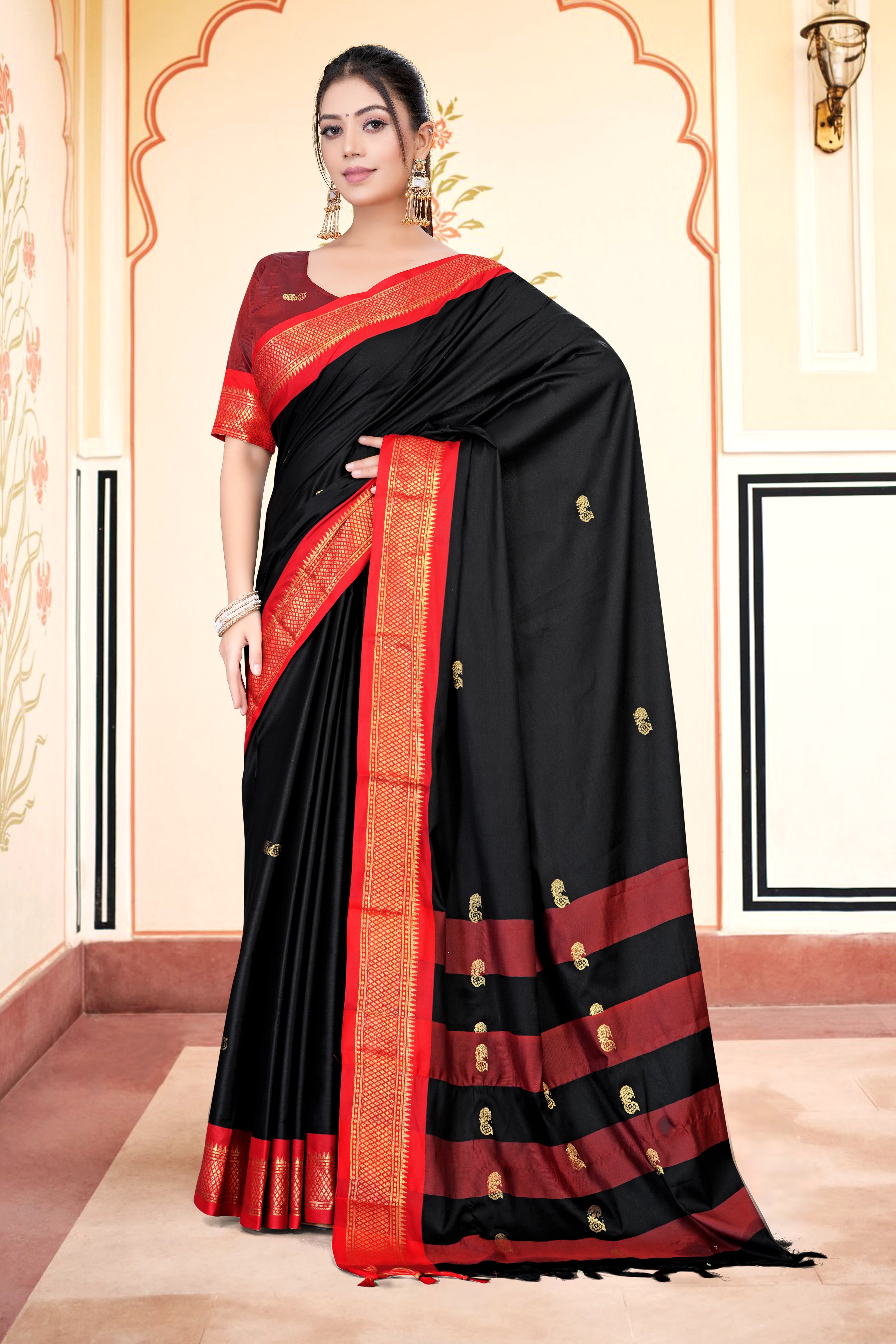 Black & Red Paithani Cotton Silk Saree