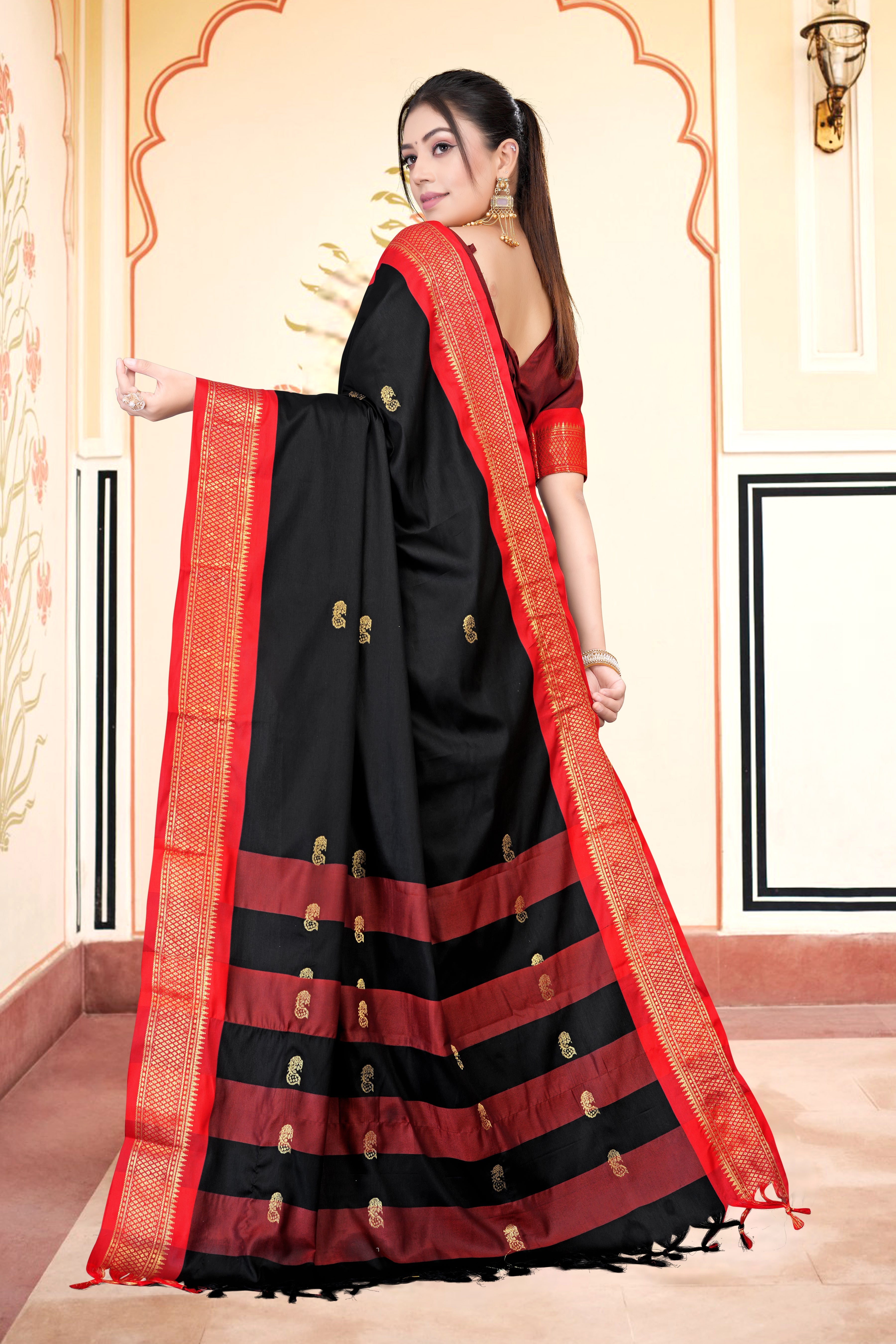 Black & Red Paithani Cotton Silk Saree