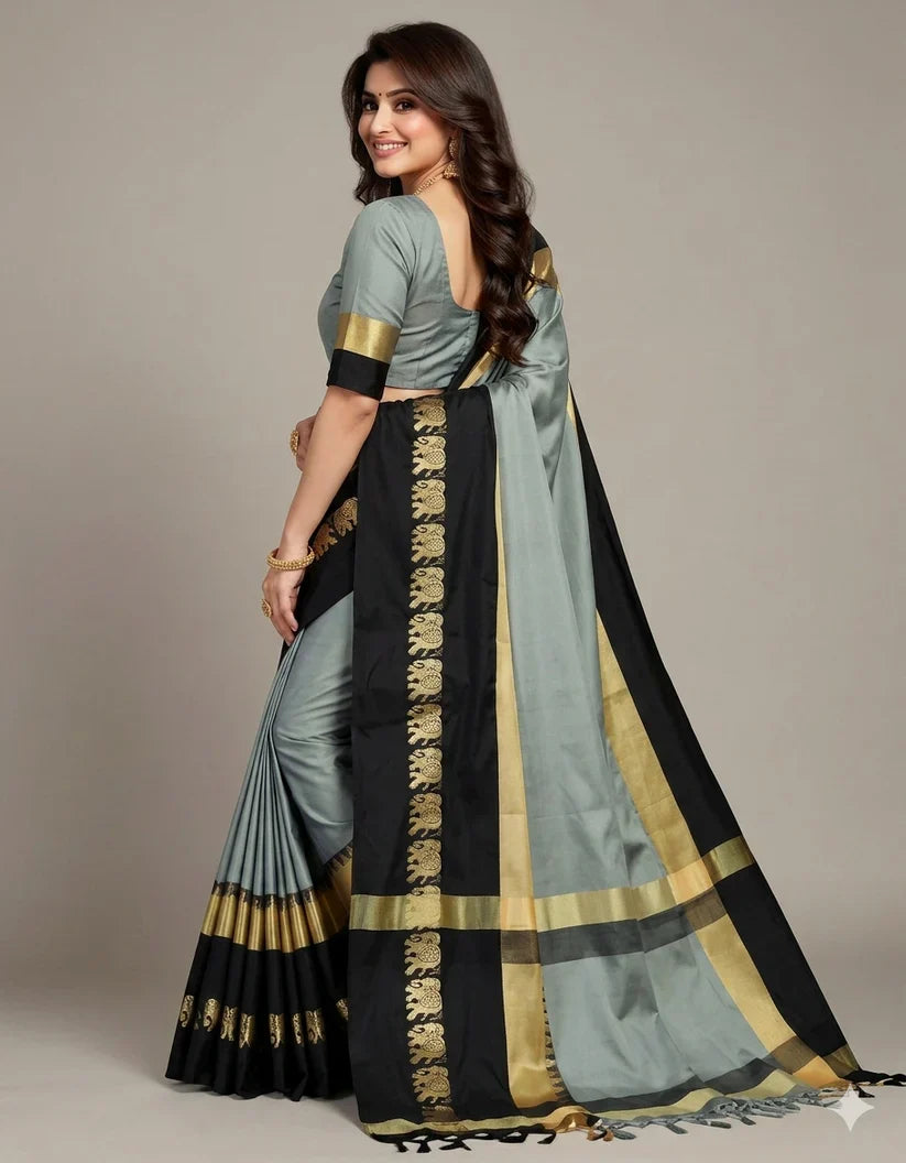 Steel Grey & Black Hathi Design (Elephant) Cotton Silk Saree