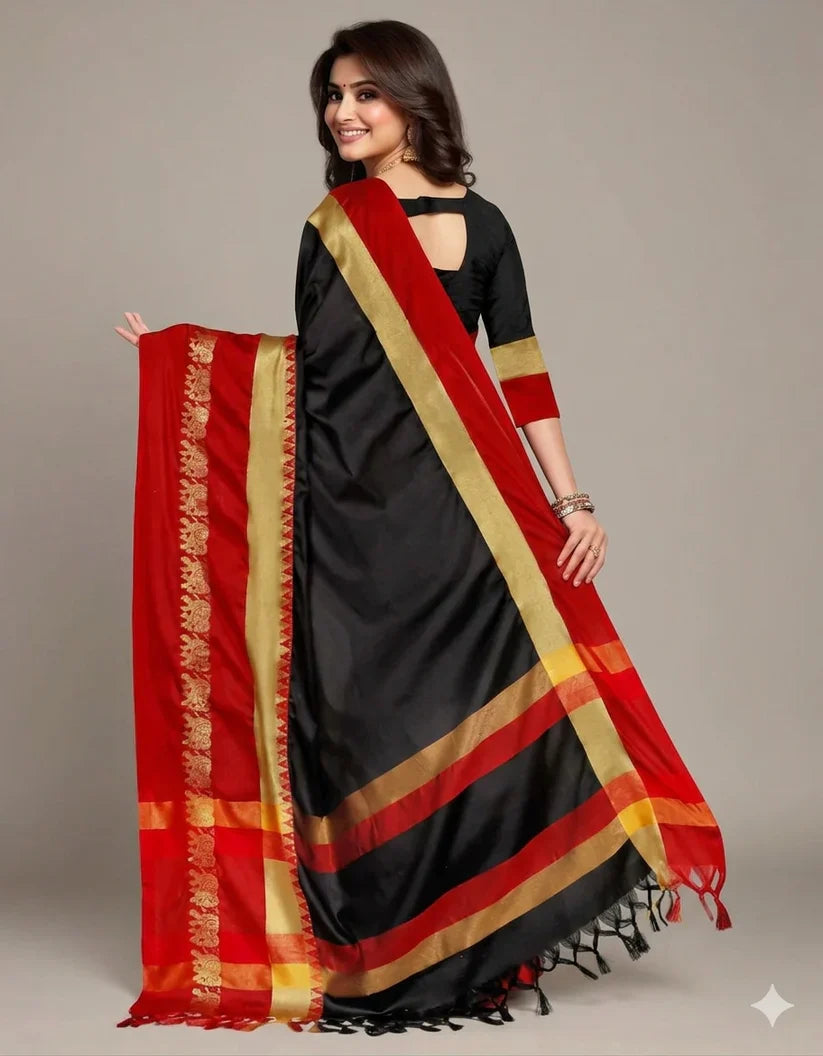 Black & Red Hathi Design (Elephant) Cotton Silk Saree
