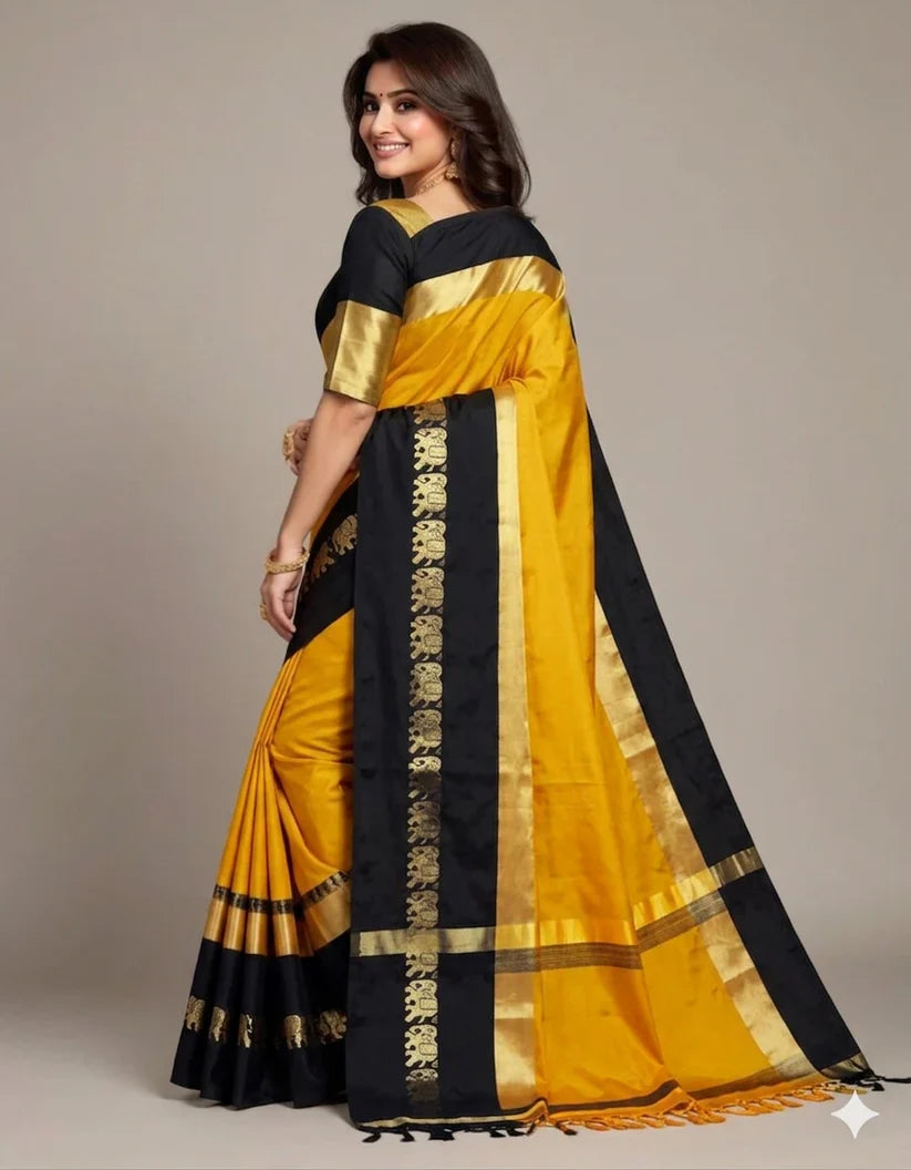Gold & Black Hathi Design (Elephant) Cotton Silk Saree