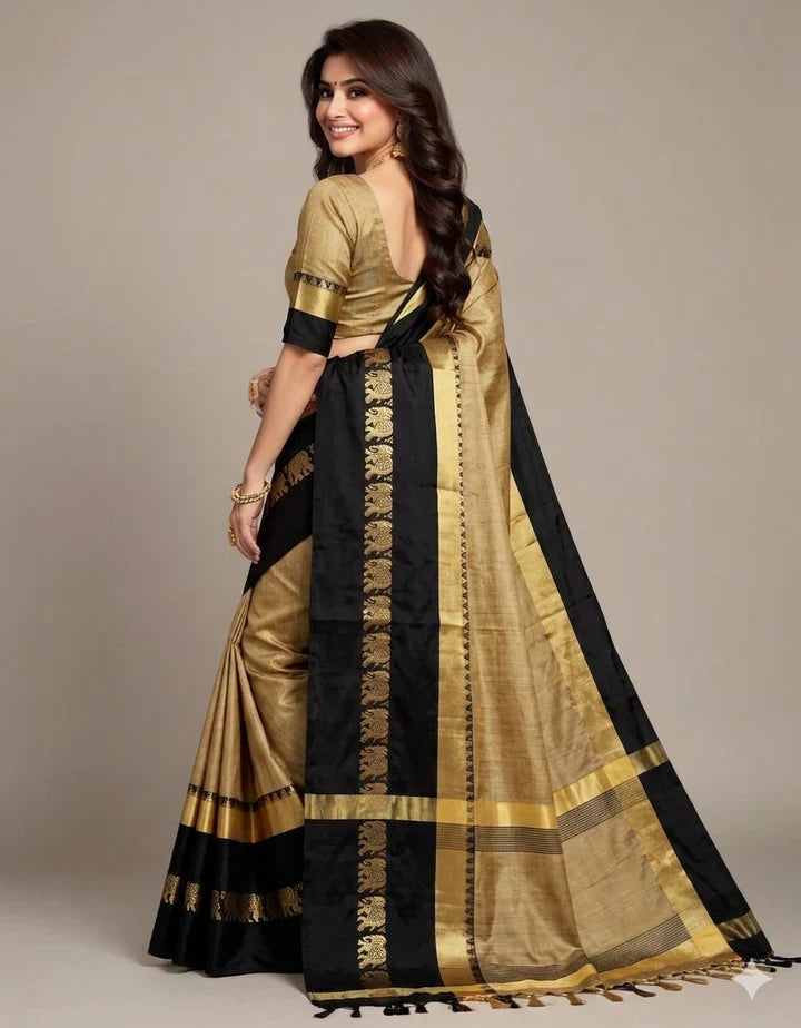 Beige & Black Hathi Design (Elephant) Cotton Silk Saree