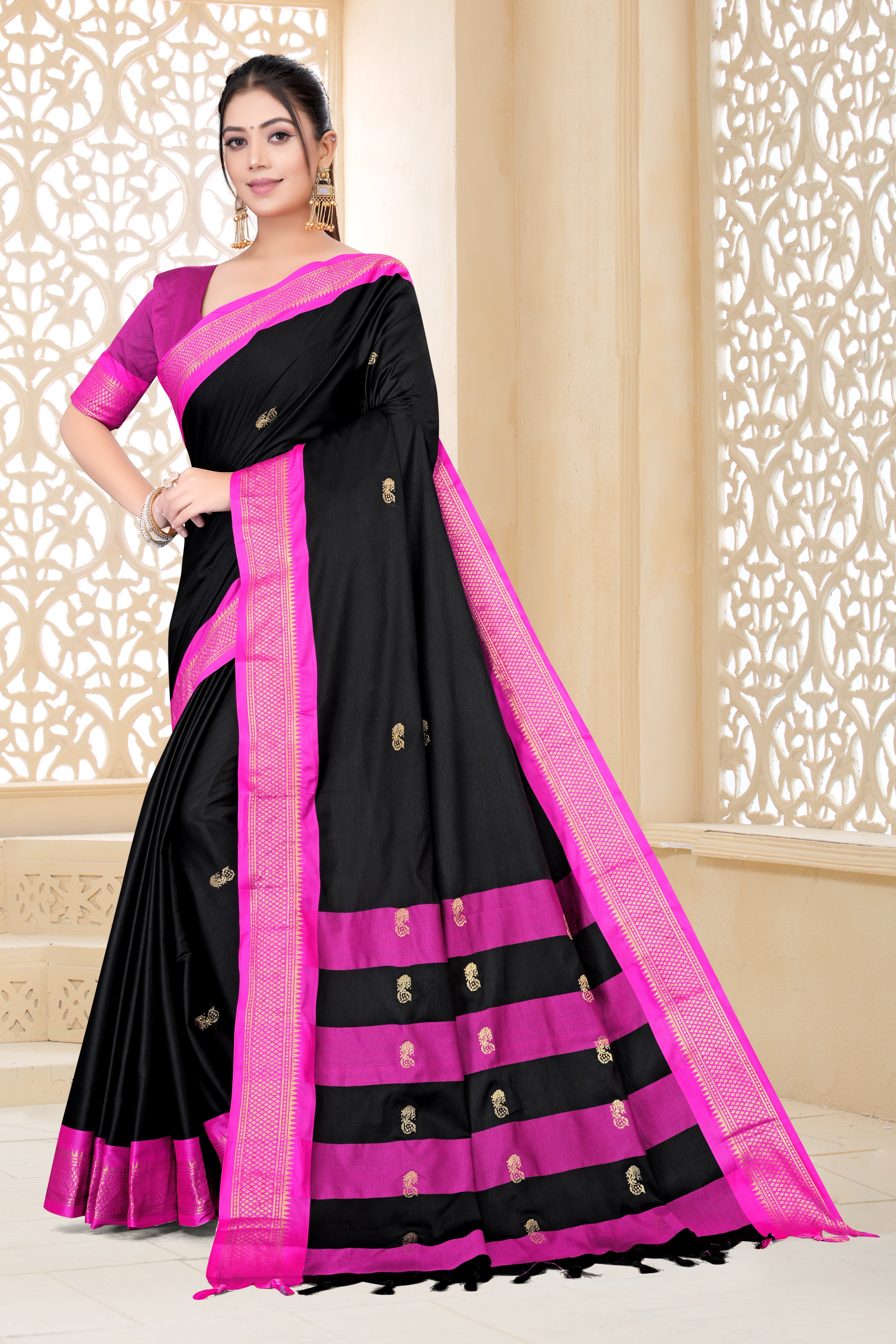 Black & Rani Pink Paithani Cotton Silk Saree