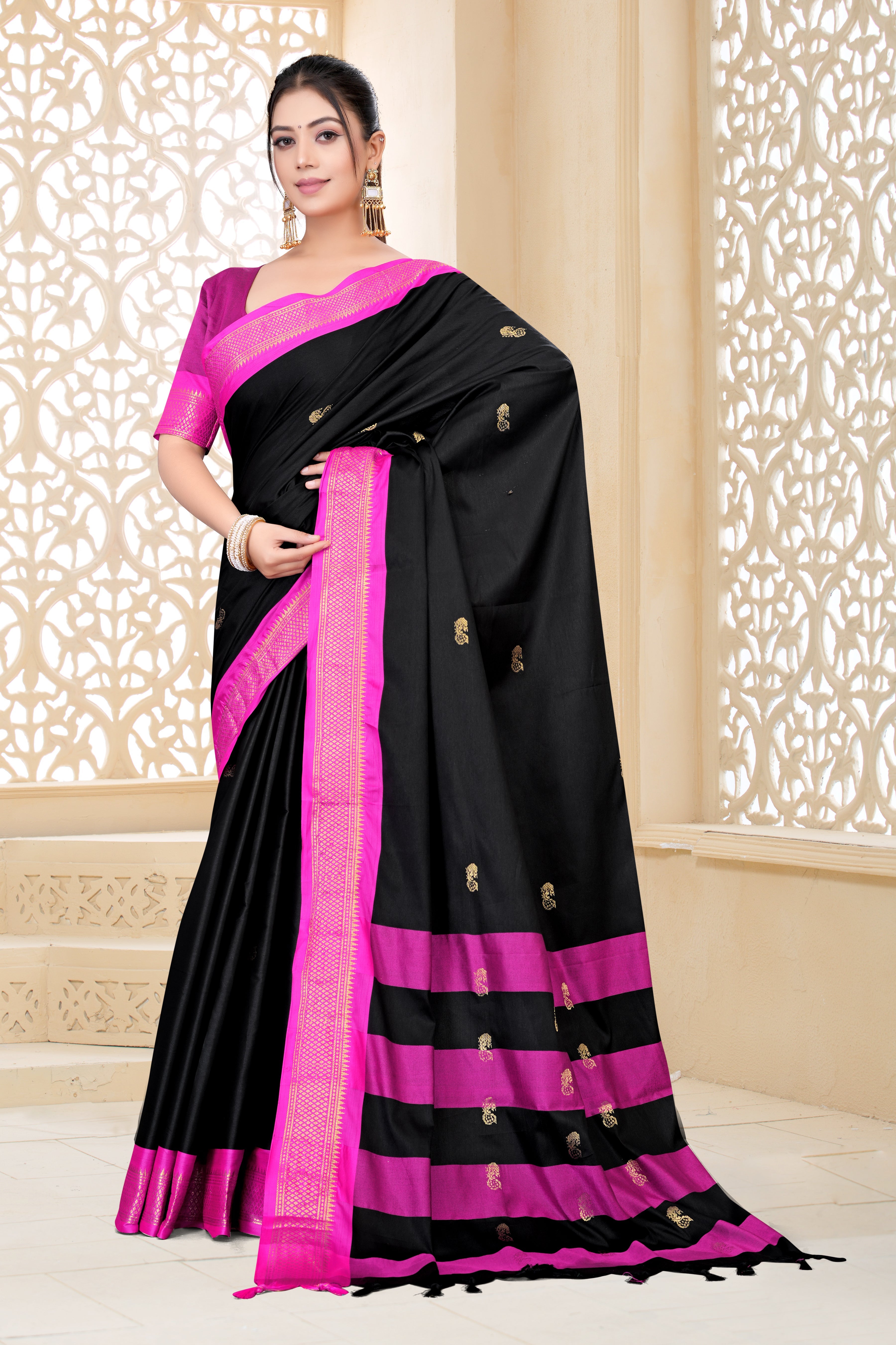Black & Rani Pink Paithani Cotton Silk Saree