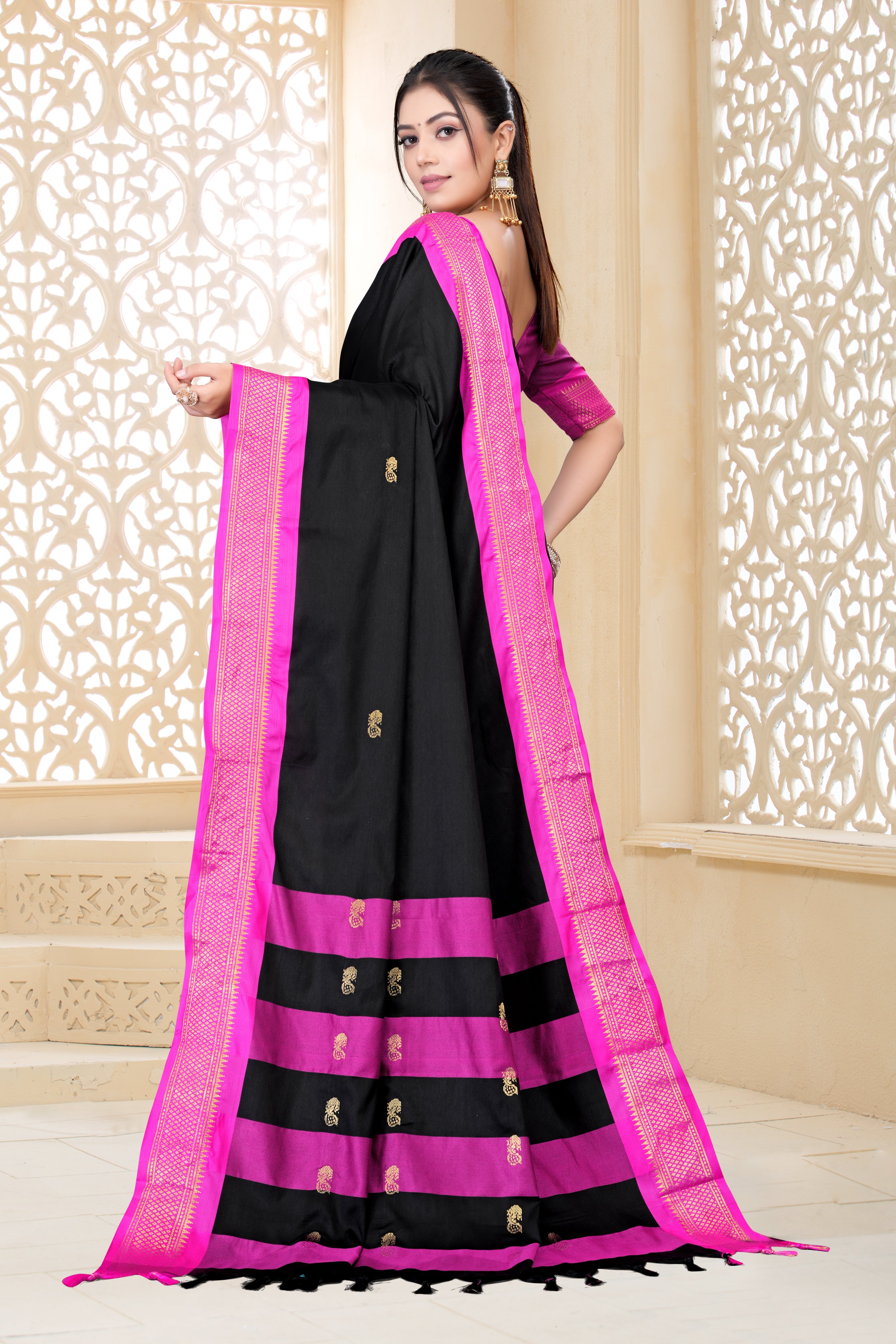 Black & Rani Pink Paithani Cotton Silk Saree