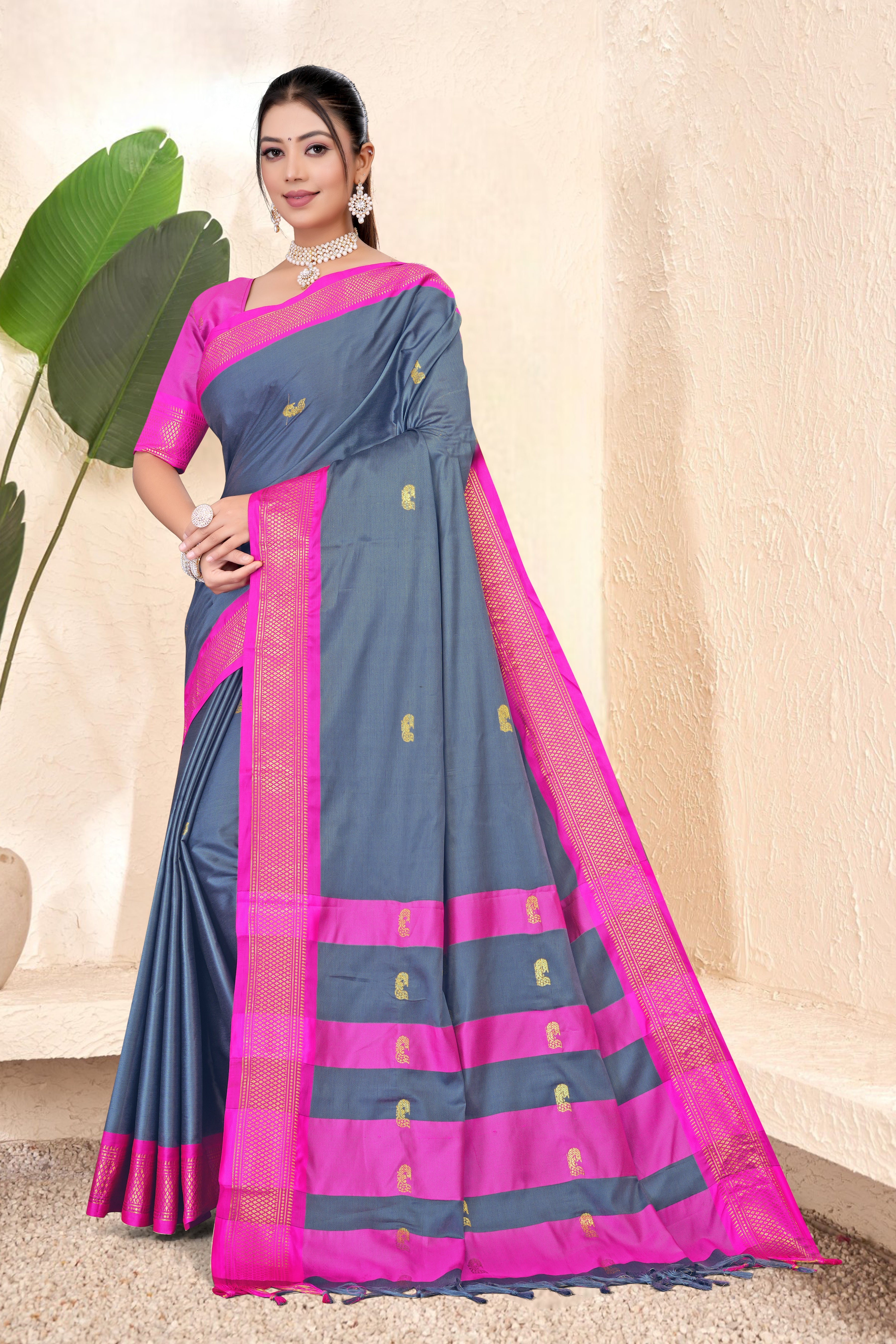 Steel Grey & Rani Pink Paithani Cotton Silk Saree