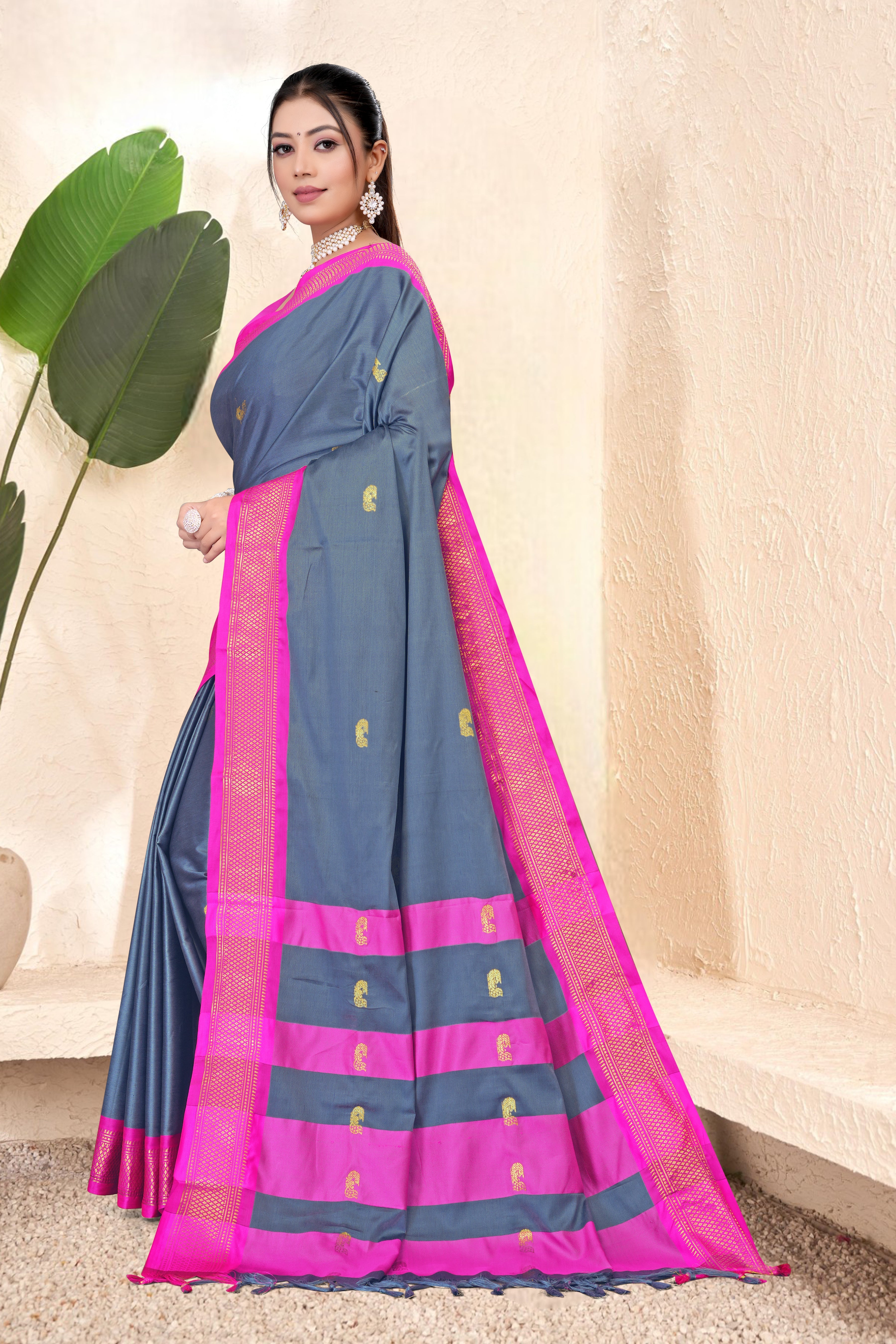 Steel Grey & Rani Pink Paithani Cotton Silk Saree