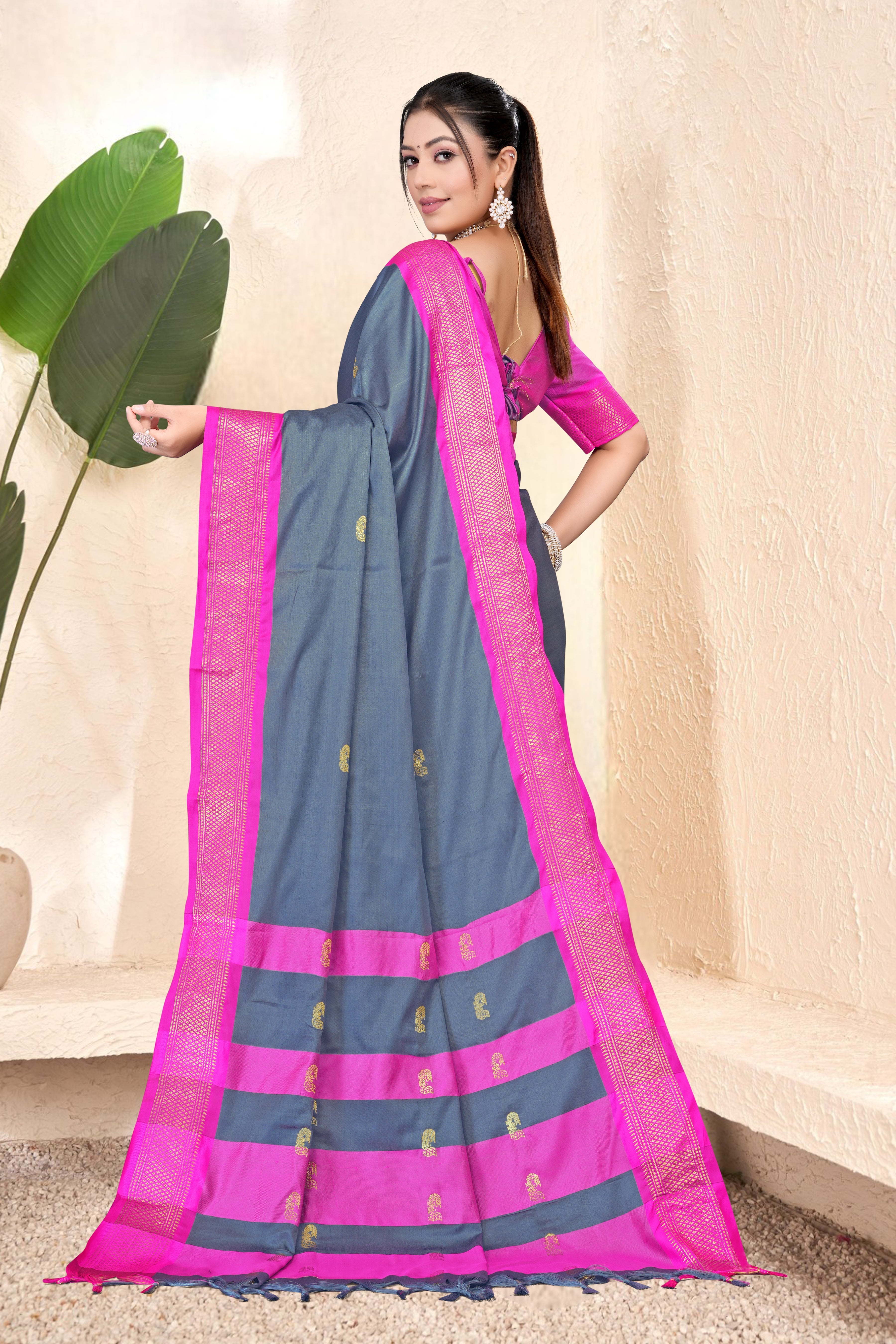 Steel Grey & Rani Pink Paithani Cotton Silk Saree