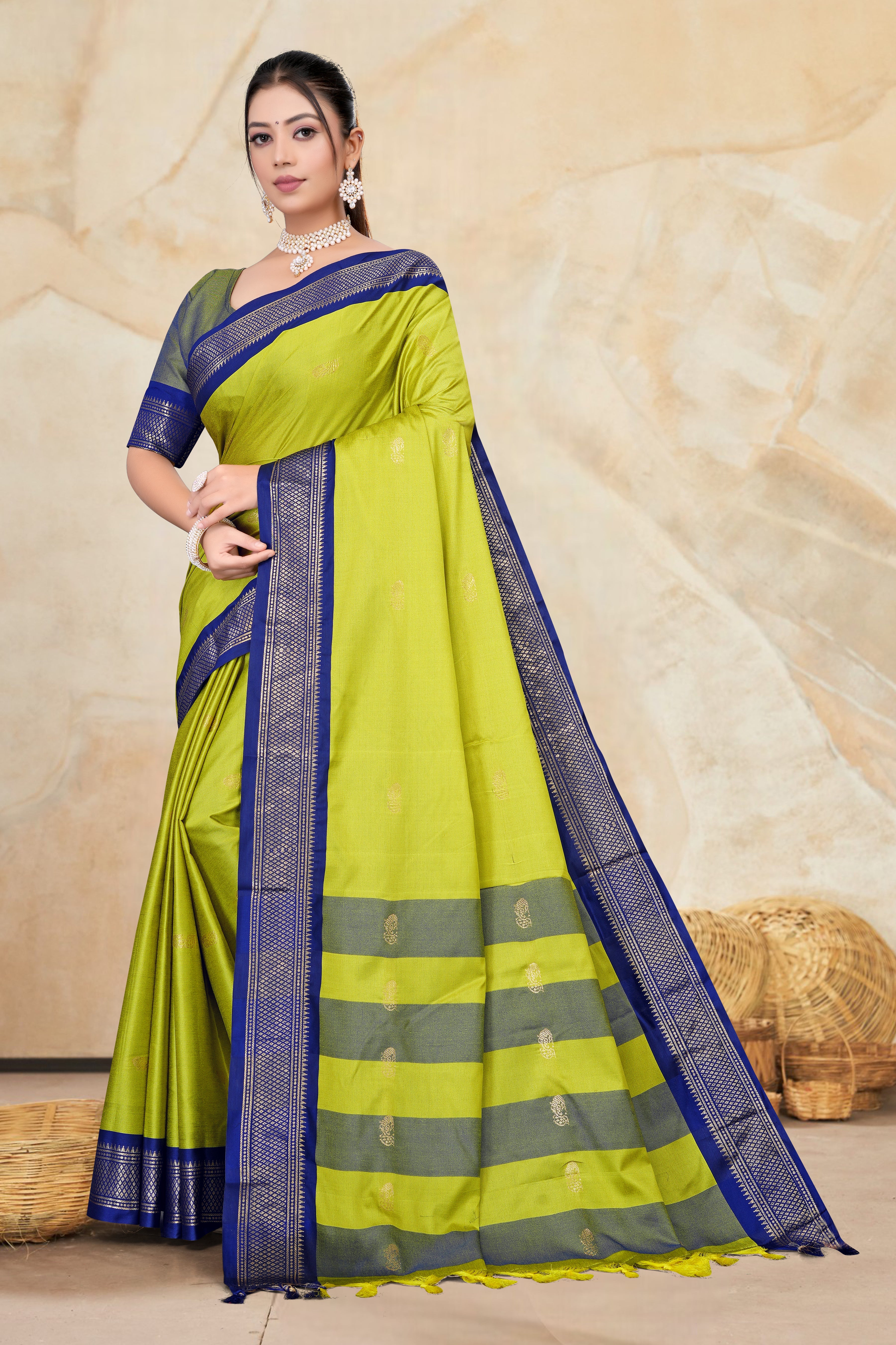 Lemon & Navy Blue Paithani Cotton Silk Saree