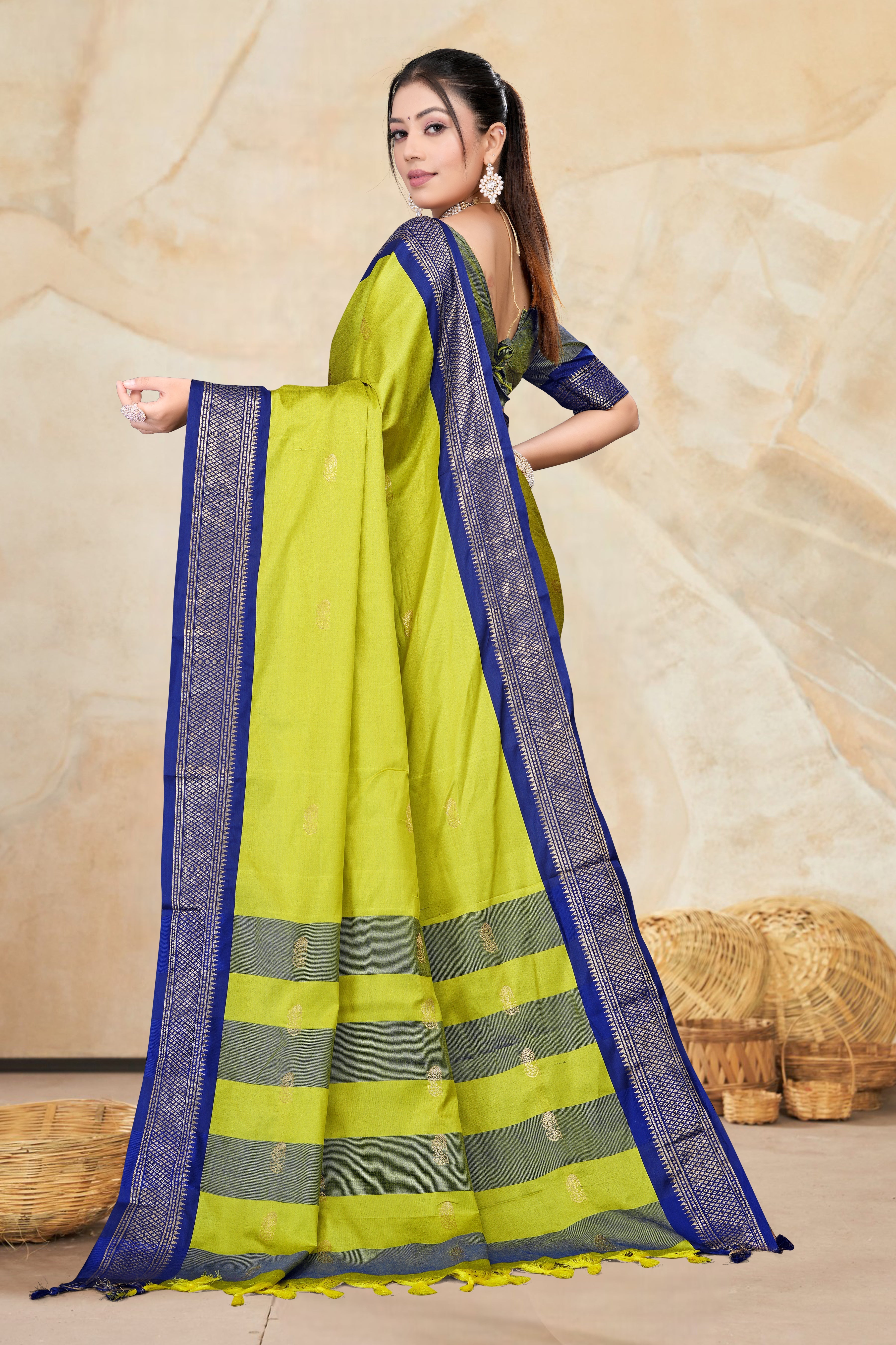 Lemon & Navy Blue Paithani Cotton Silk Saree