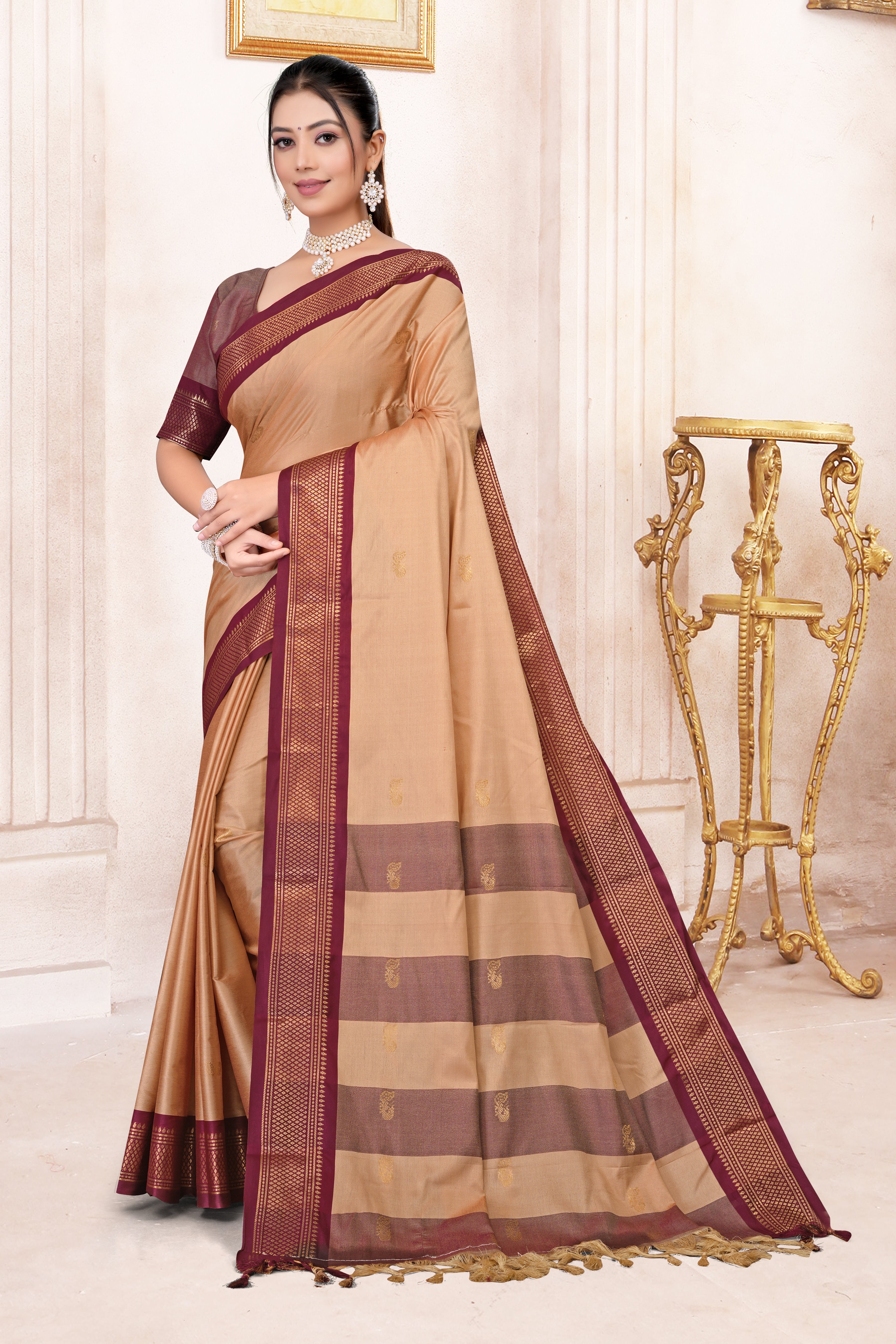Light Almond & Brown Paithani Cotton Silk Saree