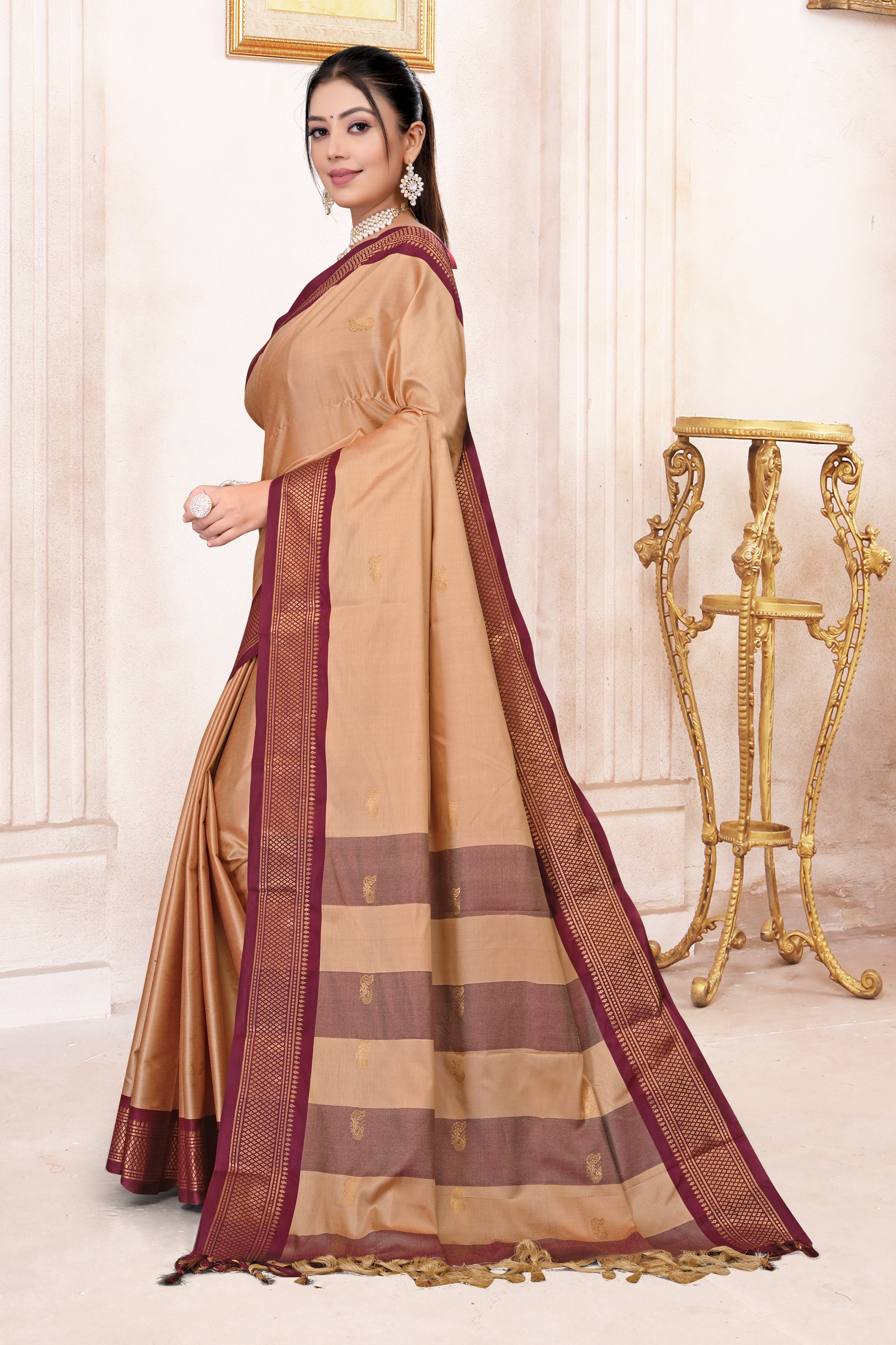 Light Almond & Brown Paithani Cotton Silk Saree