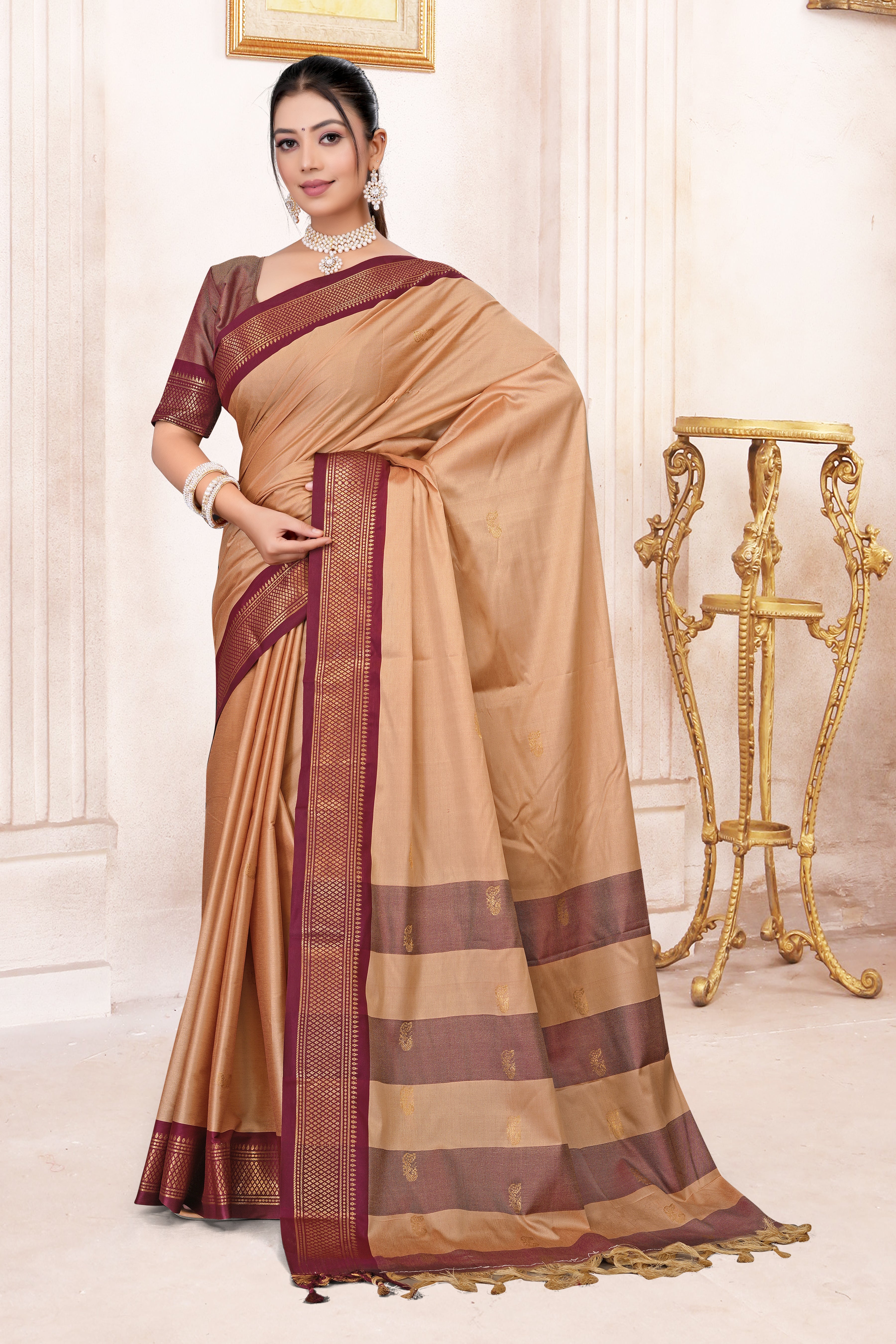 Light Almond & Brown Paithani Cotton Silk Saree