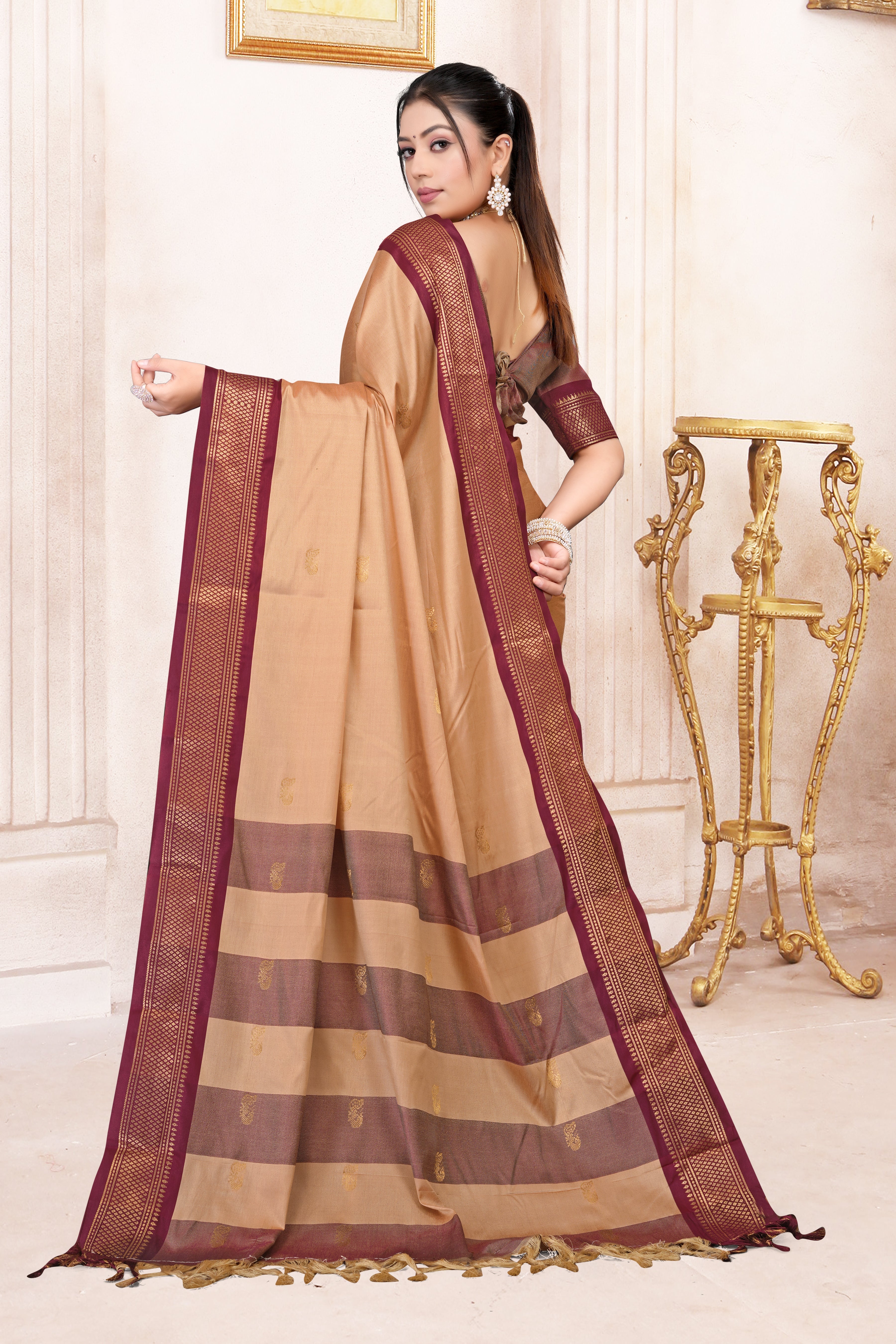 Light Almond & Brown Paithani Cotton Silk Saree