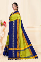 Lemon Yellow & Navy Blue Hathi Design (Elephant) Cotton Silk Saree