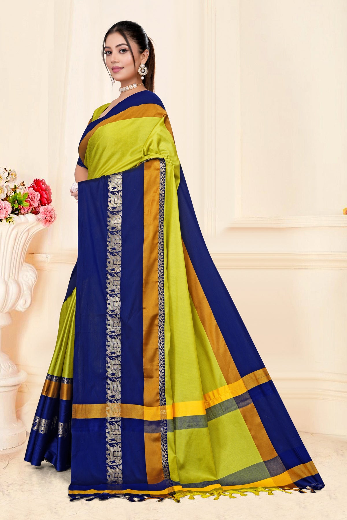 Lemon Yellow & Navy Blue Hathi Design (Elephant) Cotton Silk Saree