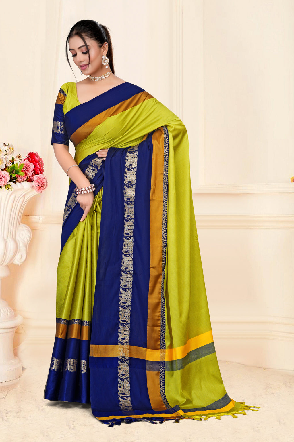 Lemon Yellow & Navy Blue Hathi Design (Elephant) Cotton Silk Saree