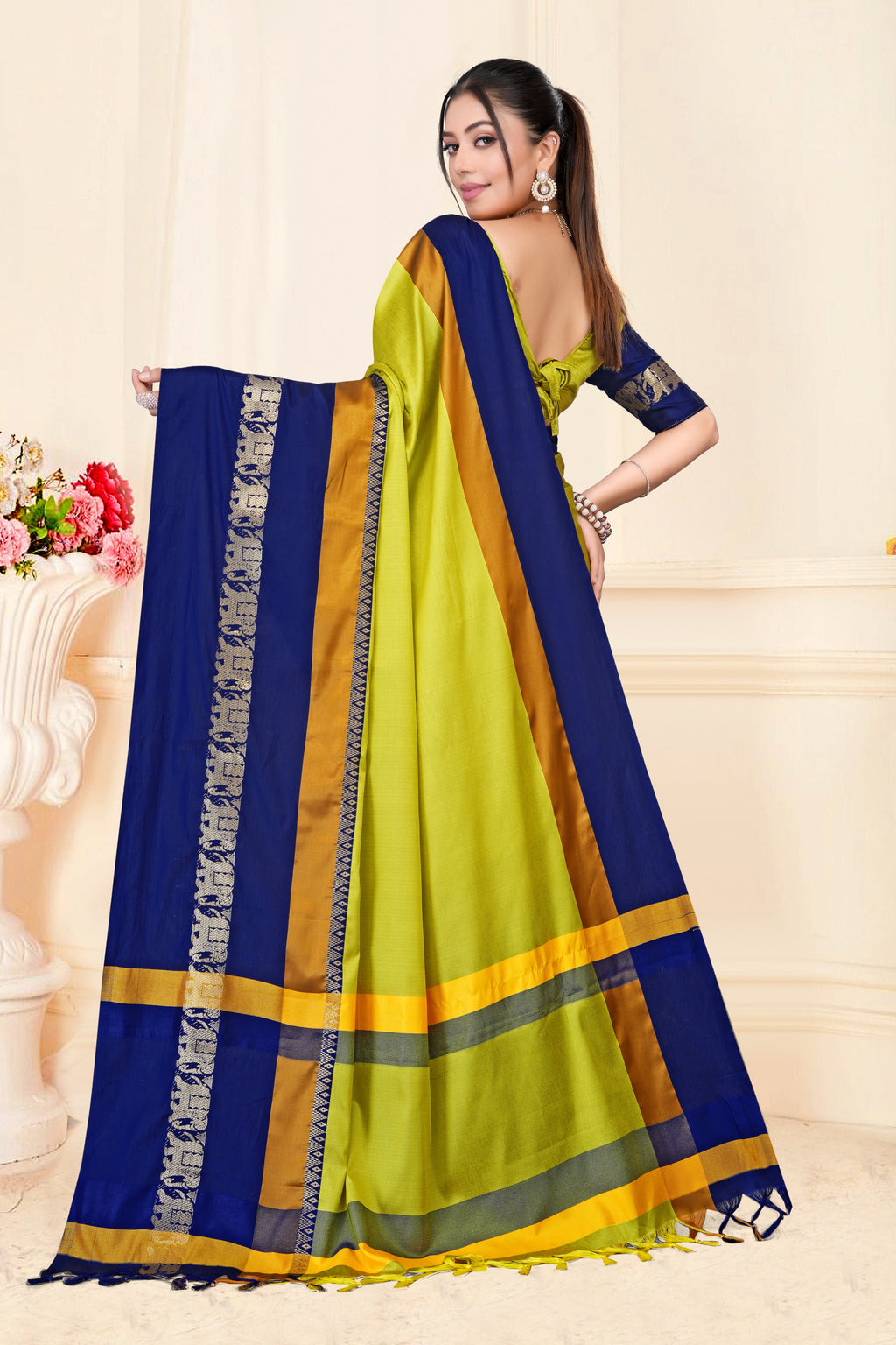 Lemon Yellow & Navy Blue Hathi Design (Elephant) Cotton Silk Saree
