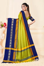 Lemon Yellow & Navy Blue Hathi Design (Elephant) Cotton Silk Saree