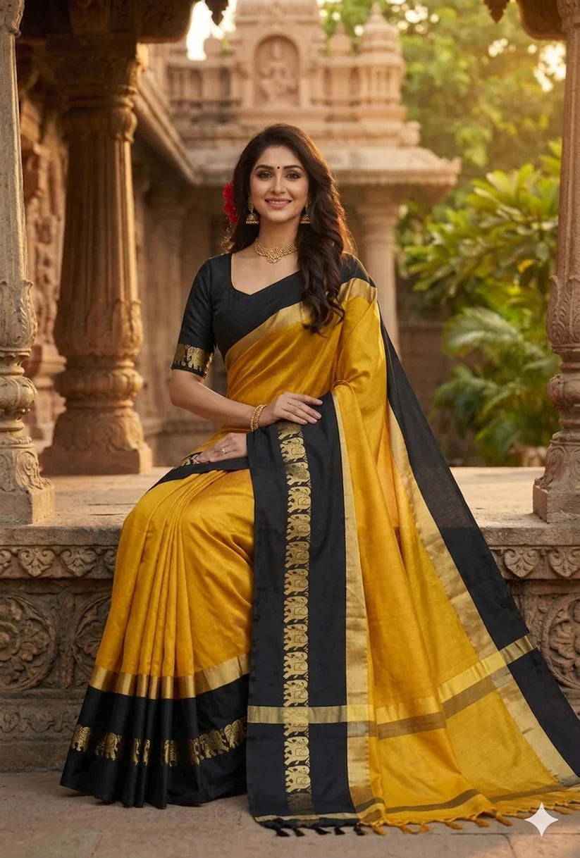 Gold & Black Hathi Design (Elephant) Cotton Silk Saree