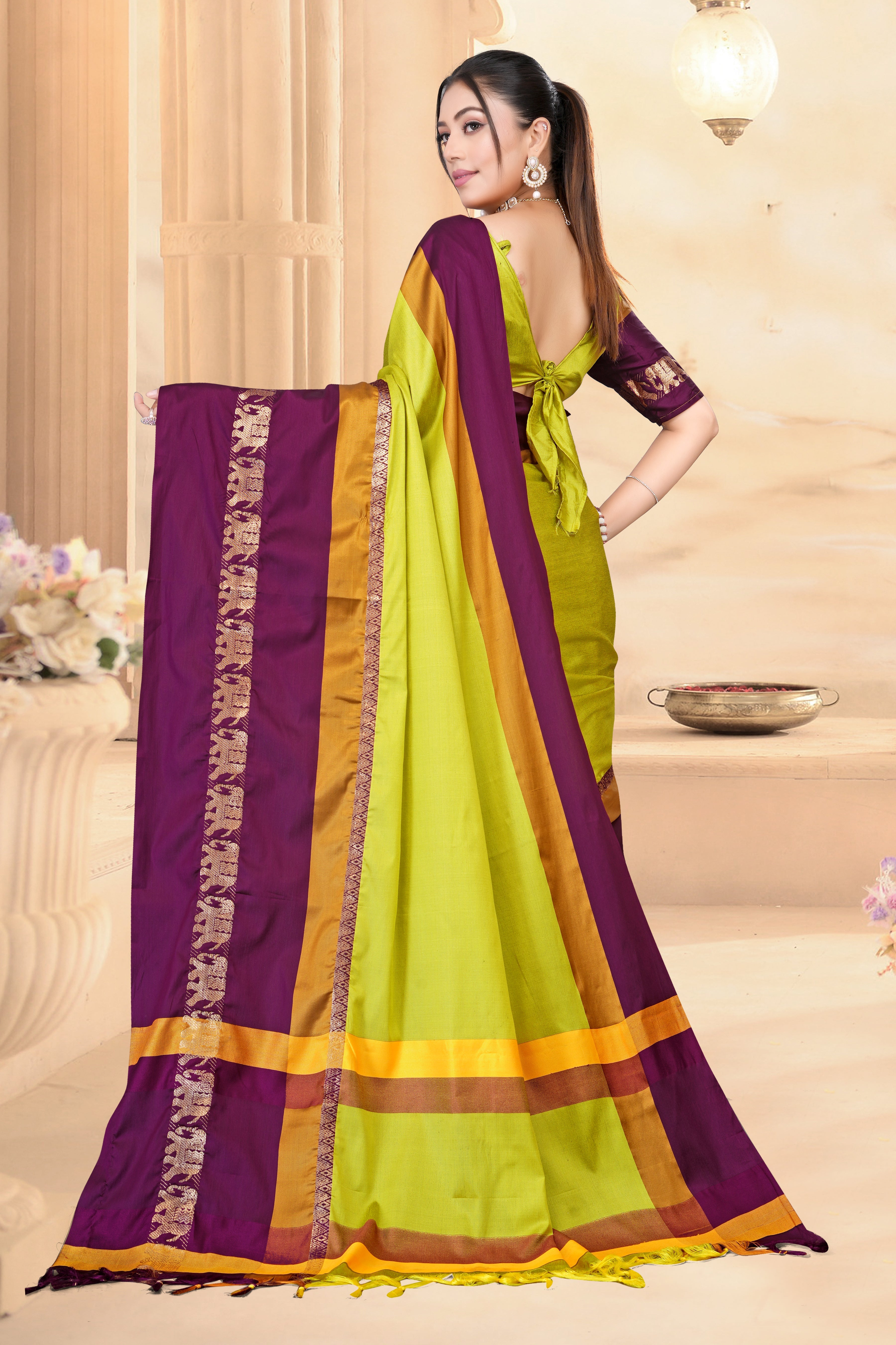 Lemon Yellow & Shaljam Hathi Design (Elephant) Cotton Silk Saree