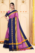 Pink & Navy Blue Hathi Design (Elephant) Cotton Silk Saree