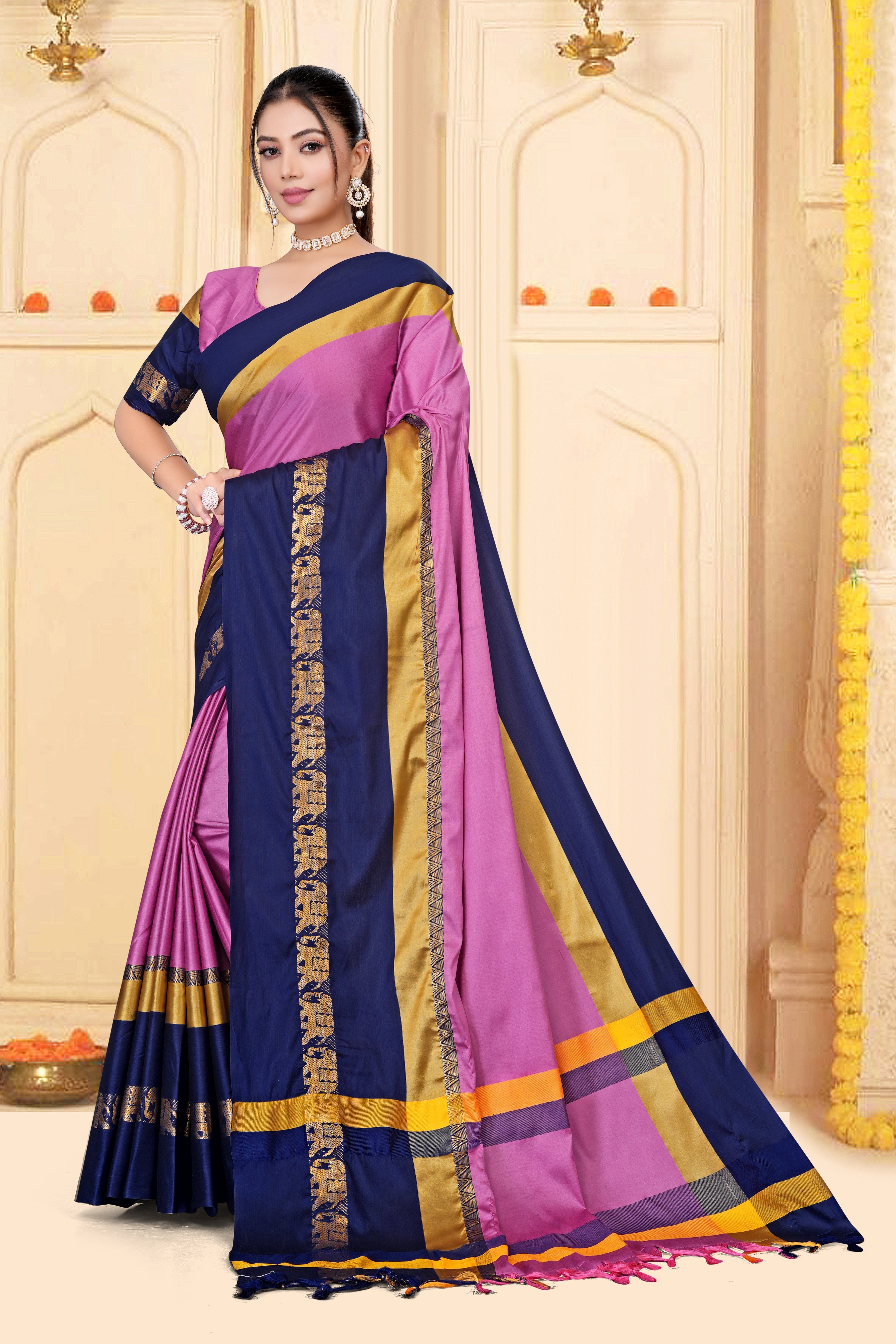 Pink & Navy Blue Hathi Design (Elephant) Cotton Silk Saree