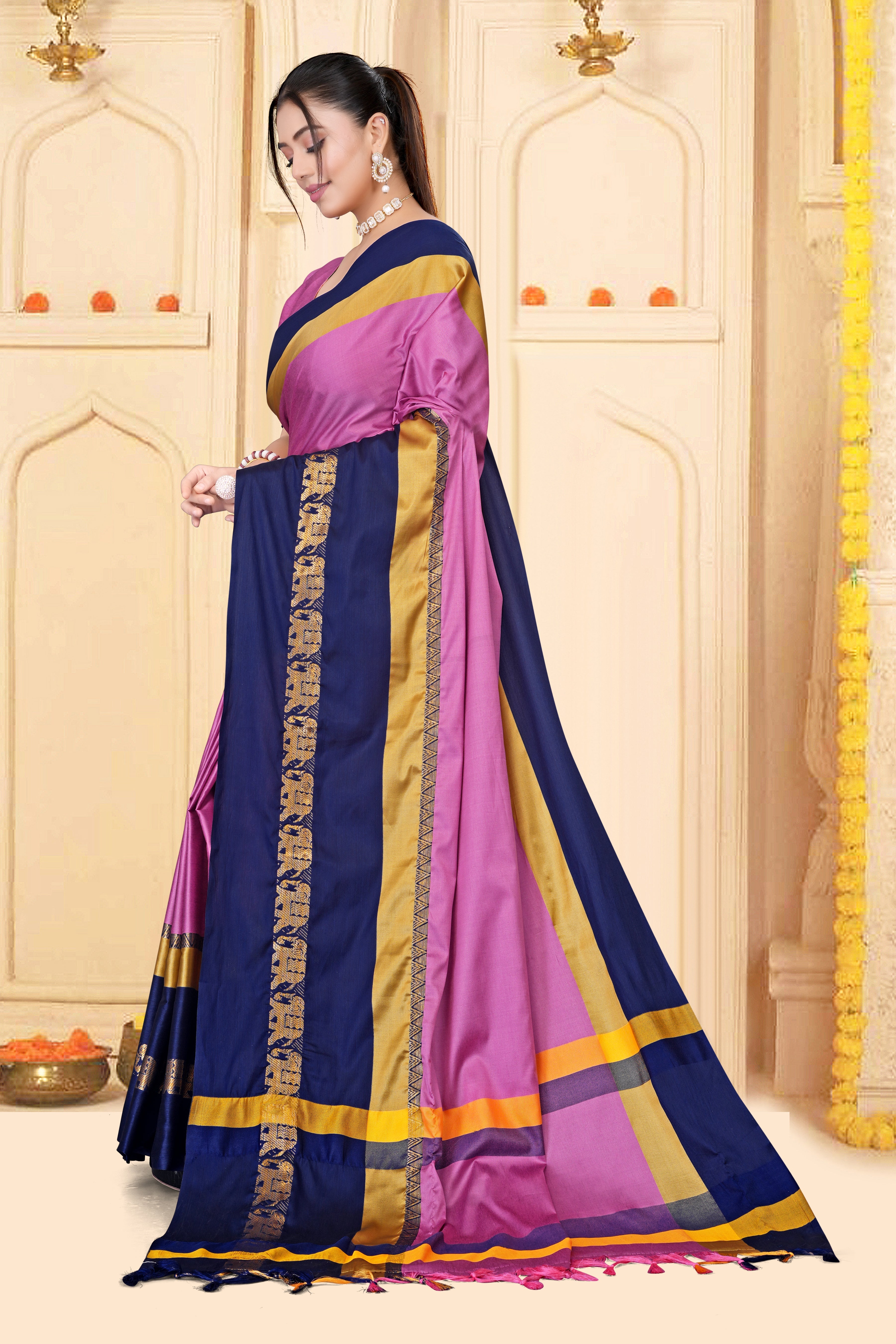 Pink & Navy Blue Hathi Design (Elephant) Cotton Silk Saree