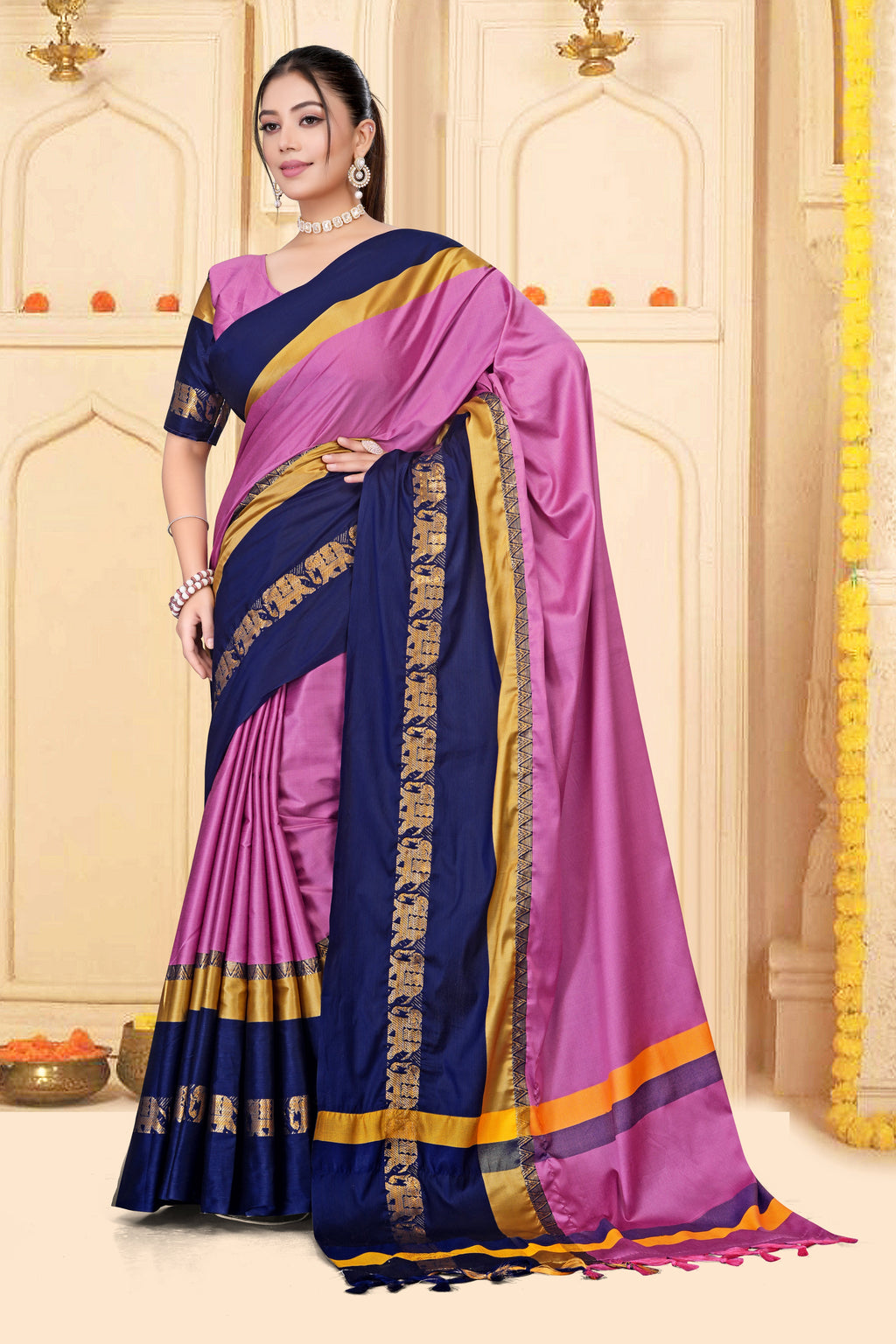 Pink & Navy Blue Hathi Design (Elephant) Cotton Silk Saree
