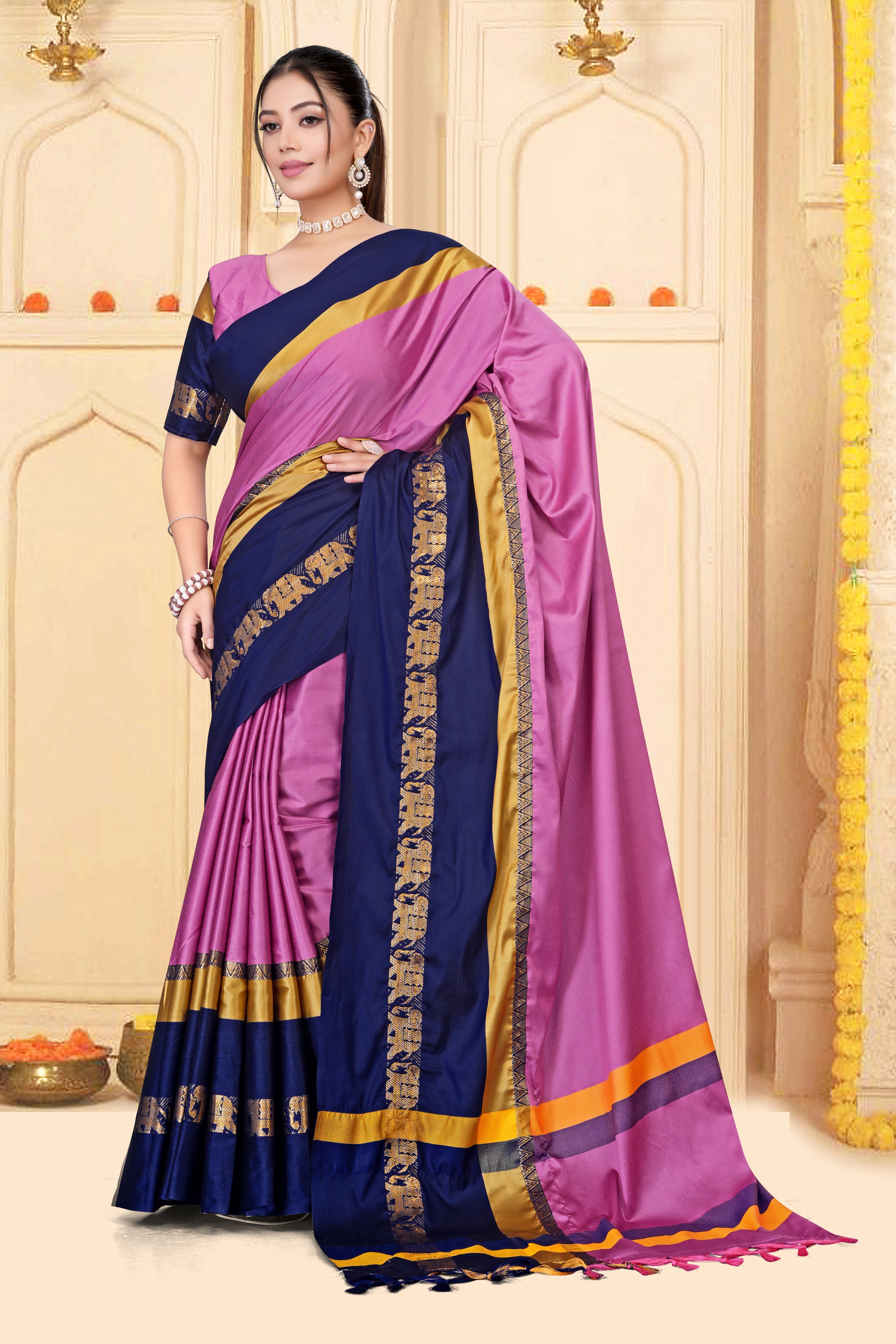Pink & Navy Blue Hathi Design (Elephant) Cotton Silk Saree
