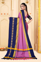Pink & Navy Blue Hathi Design (Elephant) Cotton Silk Saree