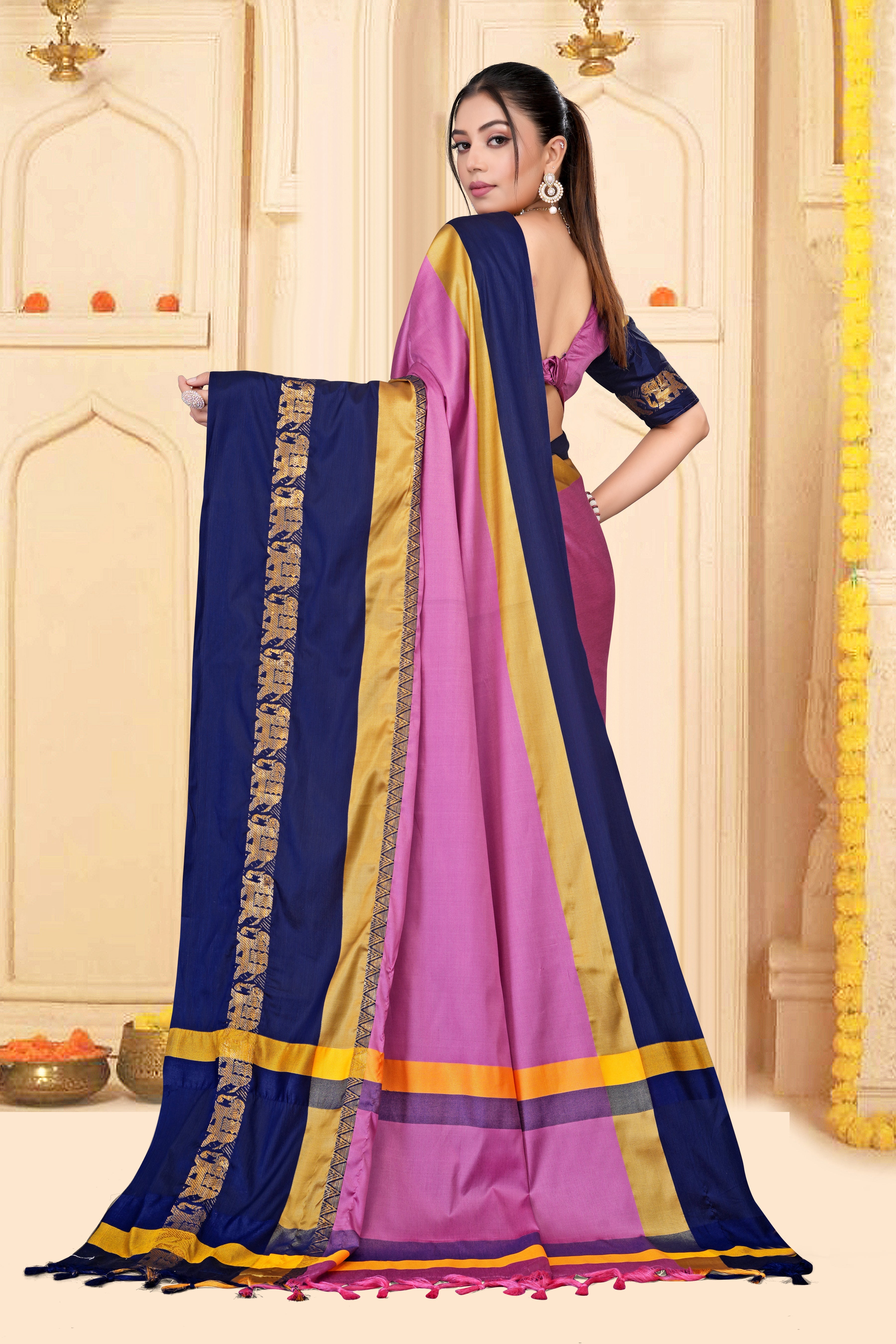 Pink & Navy Blue Hathi Design (Elephant) Cotton Silk Saree