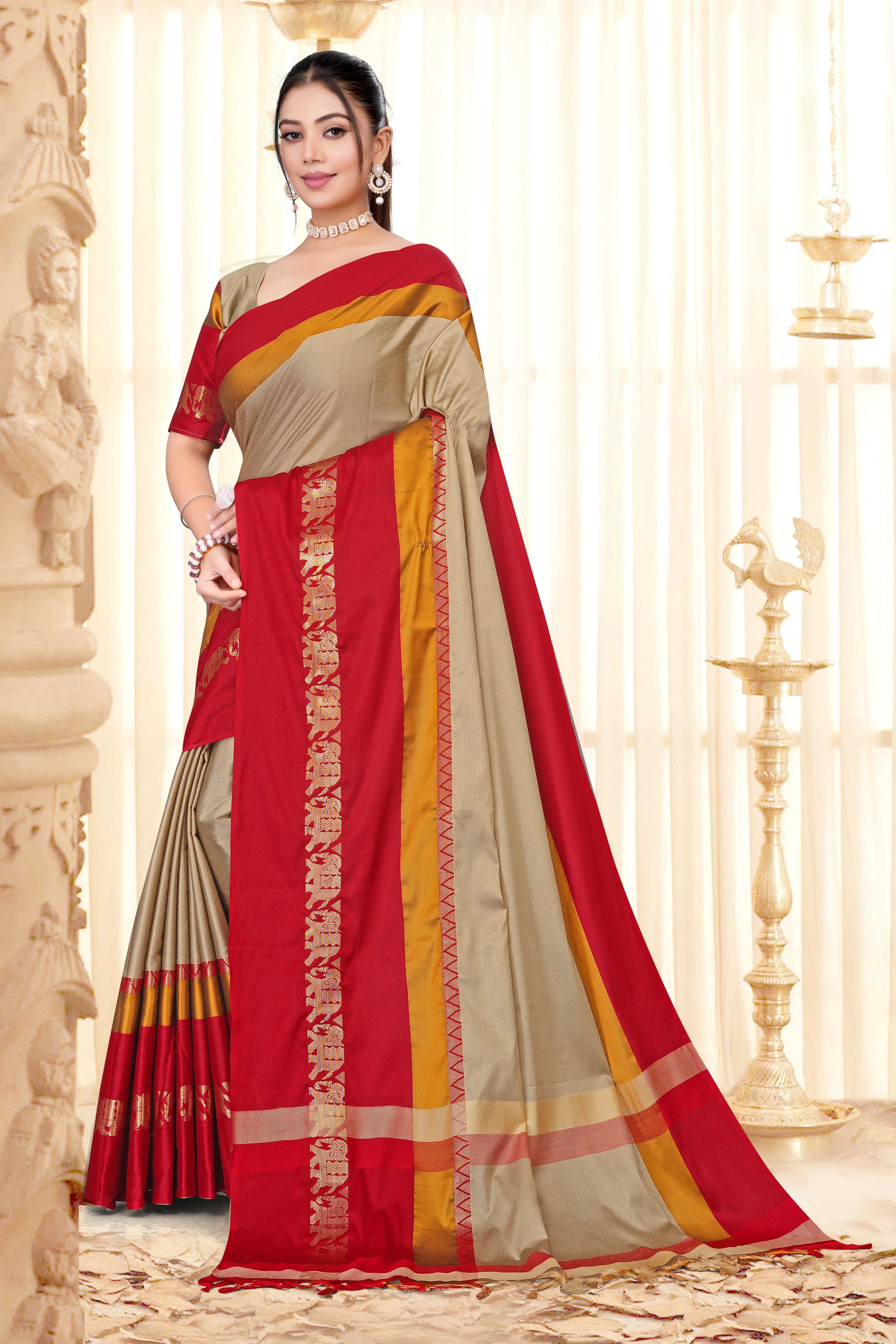Beige & Red Hathi Design (Elephant) Cotton Silk Saree
