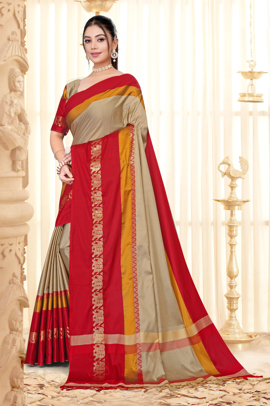 Beige & Red Hathi Design (Elephant) Cotton Silk Saree