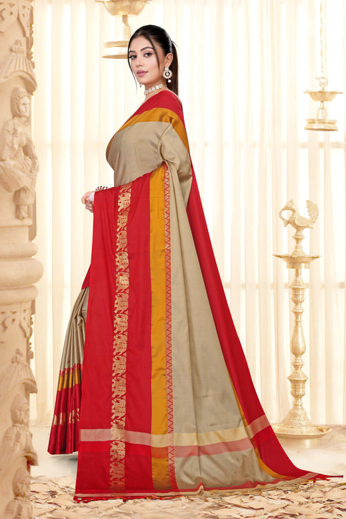 Beige & Red Hathi Design (Elephant) Cotton Silk Saree