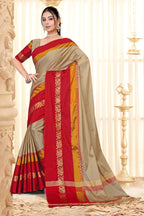 Beige & Red Hathi Design (Elephant) Cotton Silk Saree