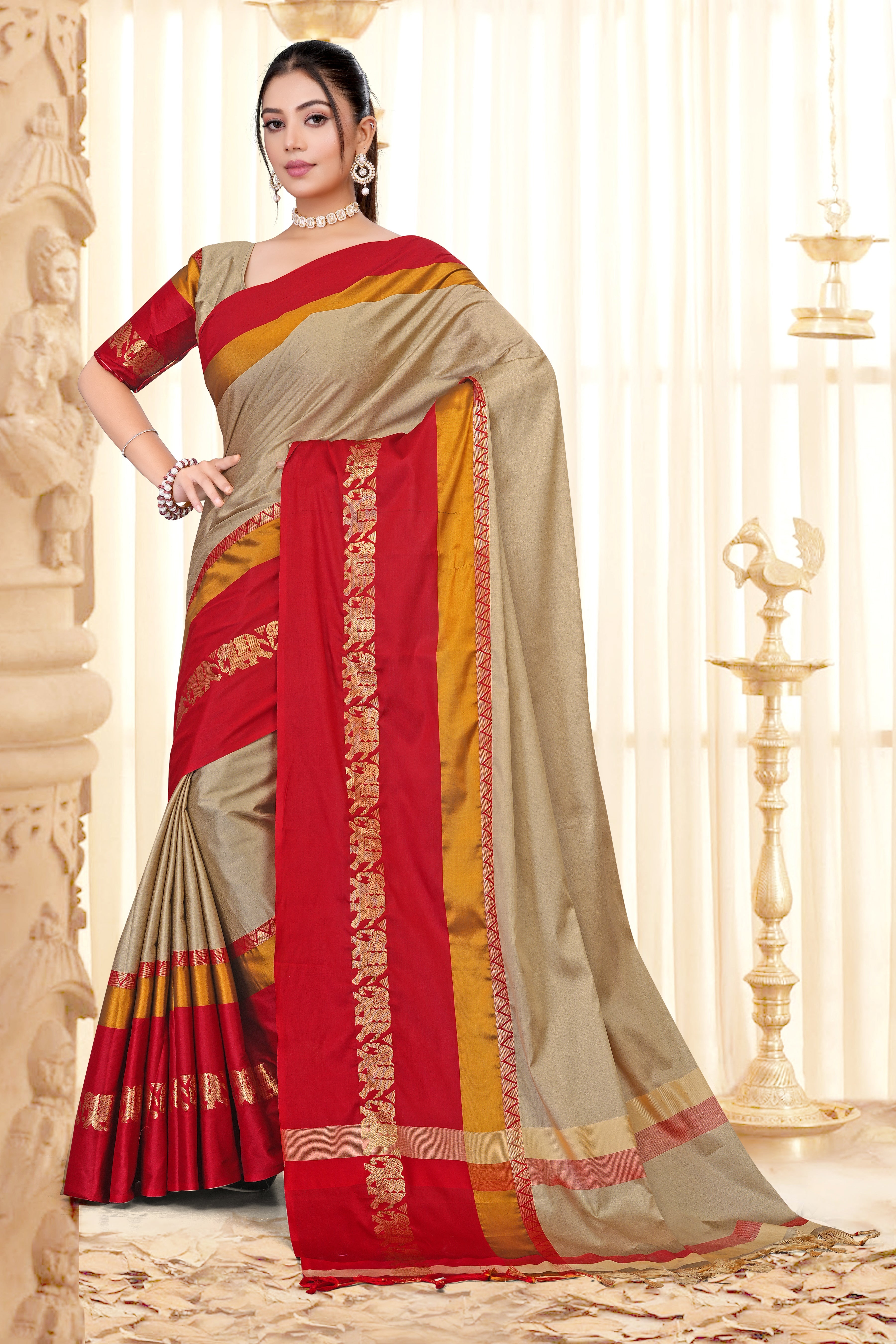 Beige & Red Hathi Design (Elephant) Cotton Silk Saree