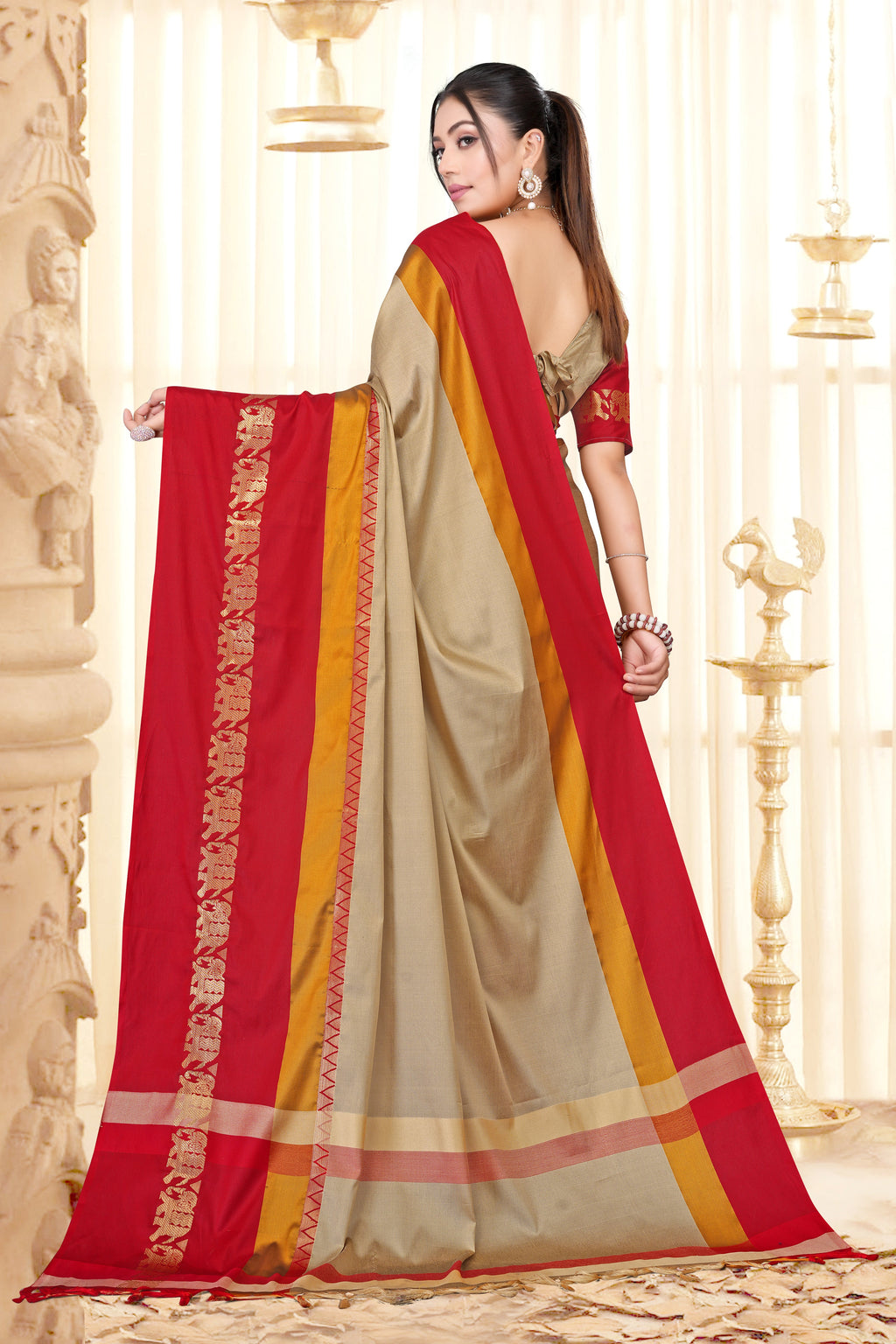Beige & Red Hathi Design (Elephant) Cotton Silk Saree