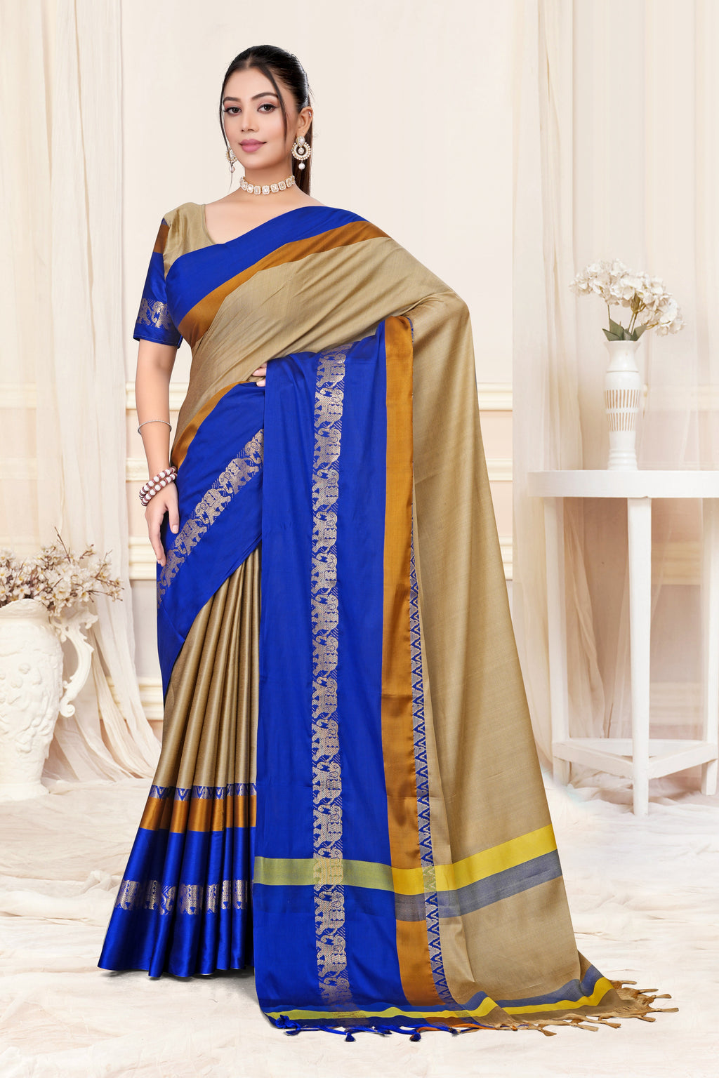 Beige & Royal Blue Hathi Design (Elephant) Cotton Silk Saree