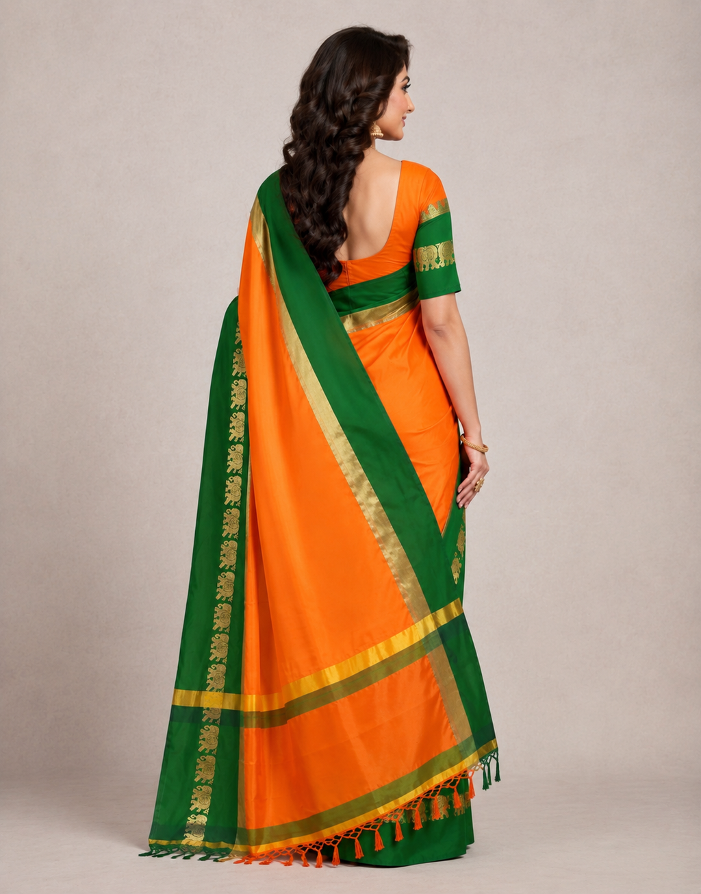 Turmeric Yellow & Green Hathi Design (Elephant) Cotton Silk Saree