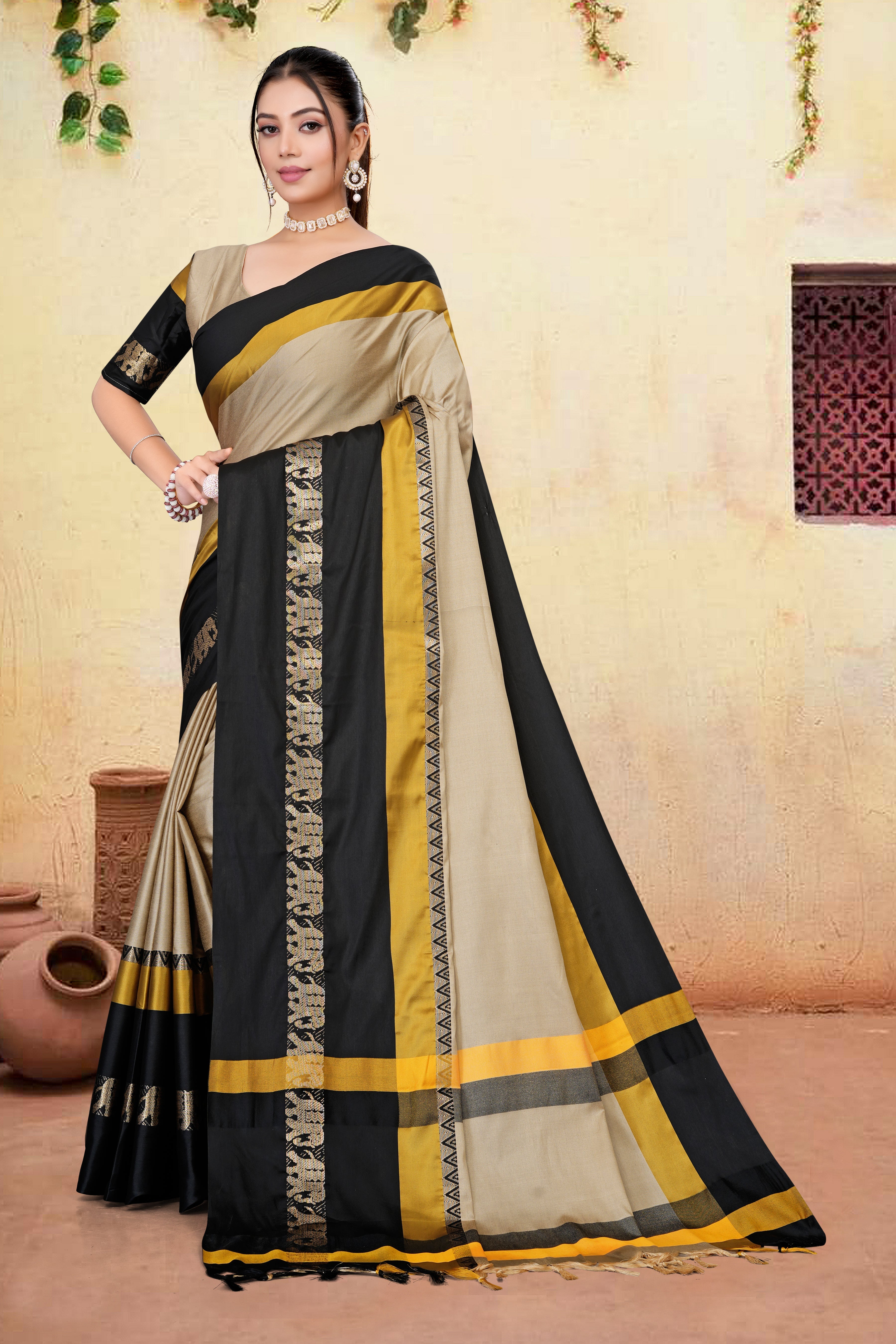 Beige & Black Hathi Design (Elephant) Cotton Silk Saree