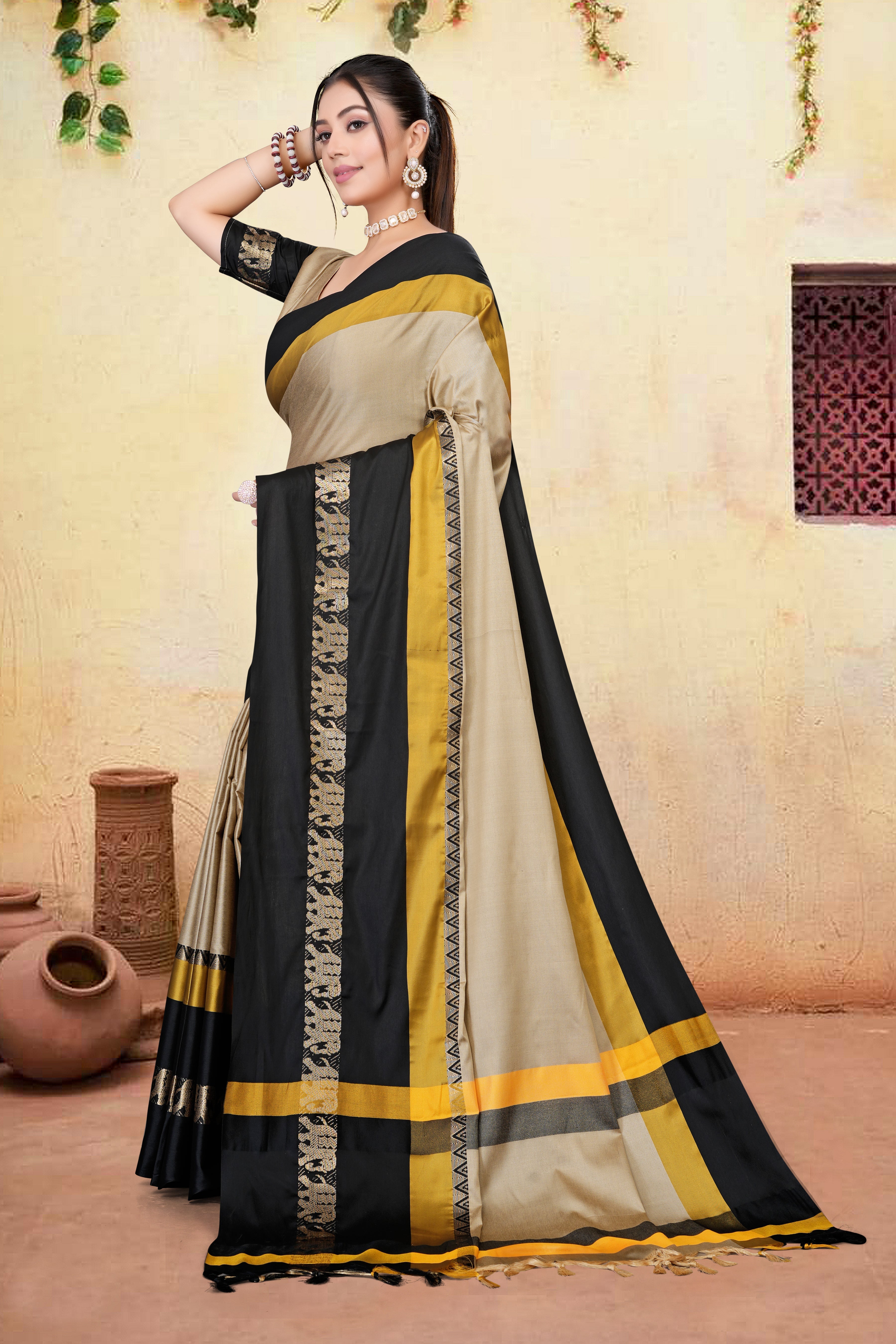 Beige & Black Hathi Design (Elephant) Cotton Silk Saree