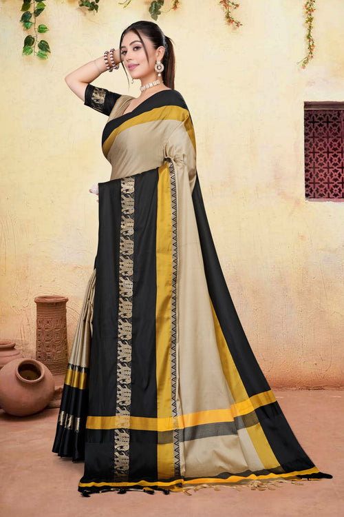 Beige & Black Hathi Design (Elephant) Cotton Silk Saree