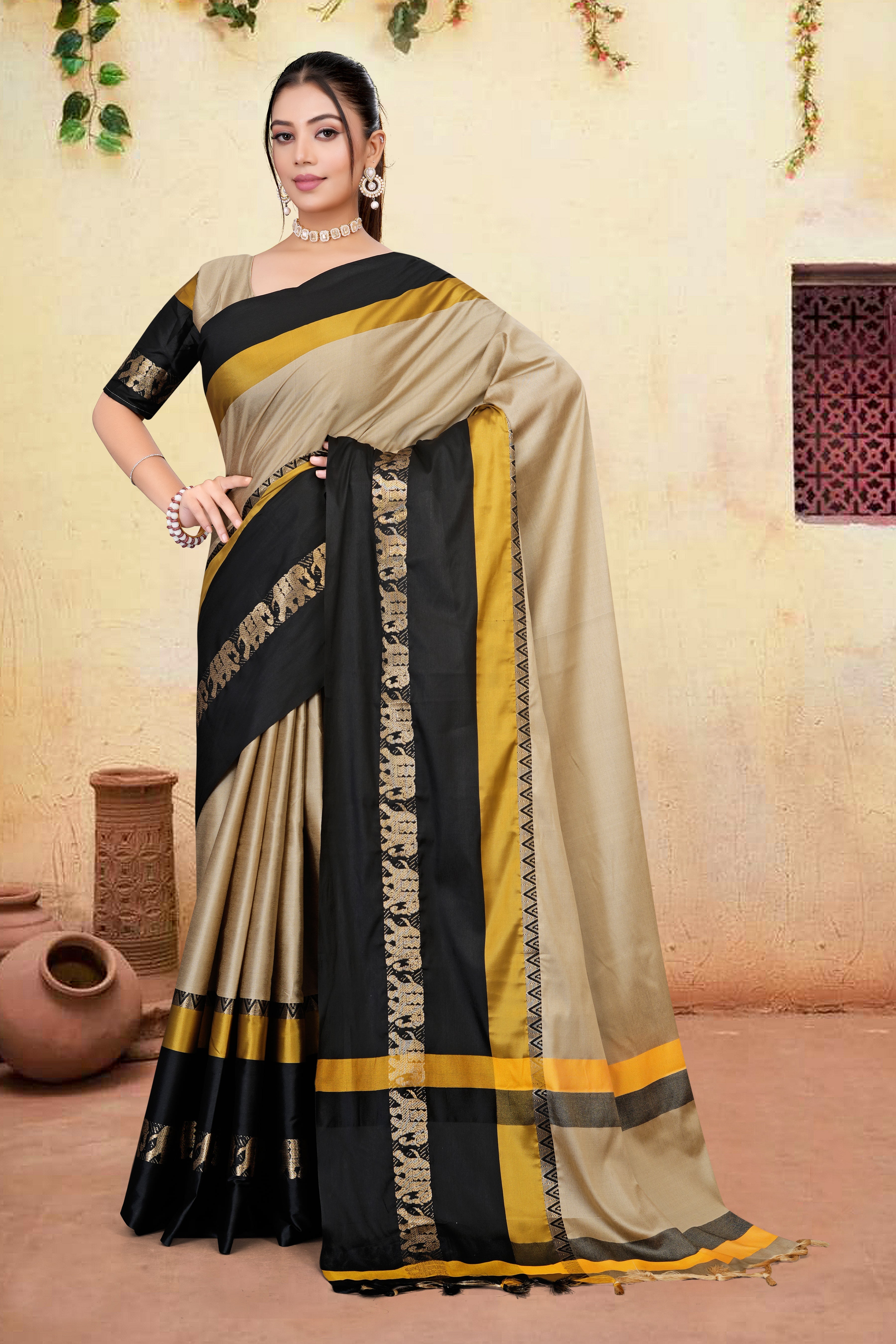 Beige & Black Hathi Design (Elephant) Cotton Silk Saree