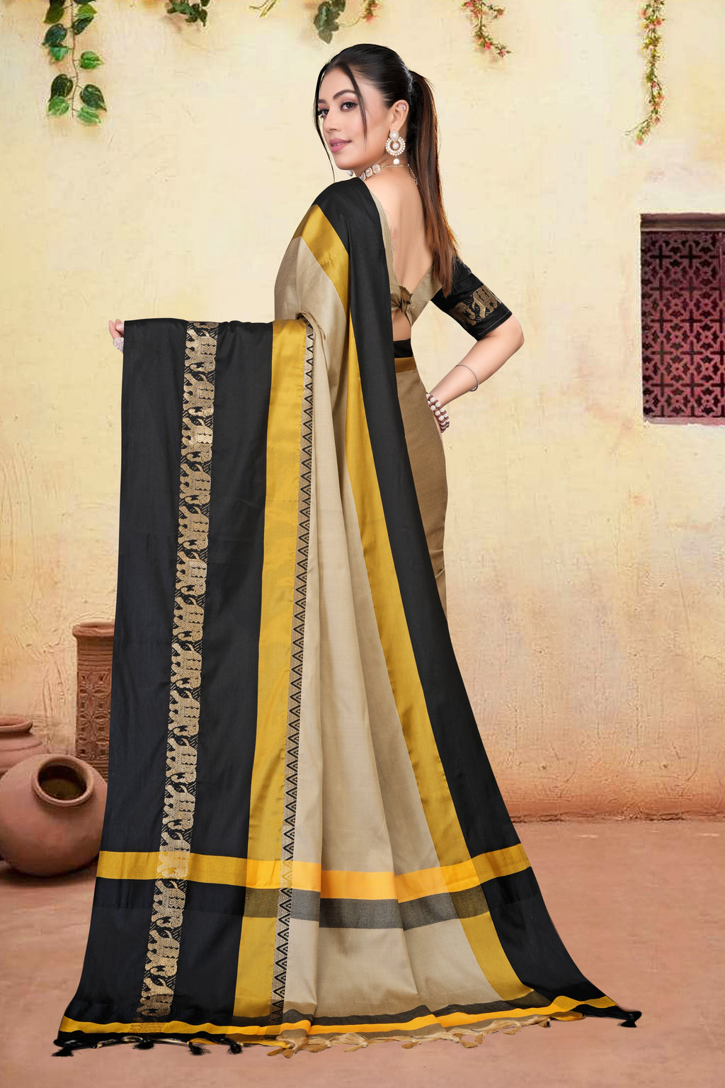 Beige & Black Hathi Design (Elephant) Cotton Silk Saree