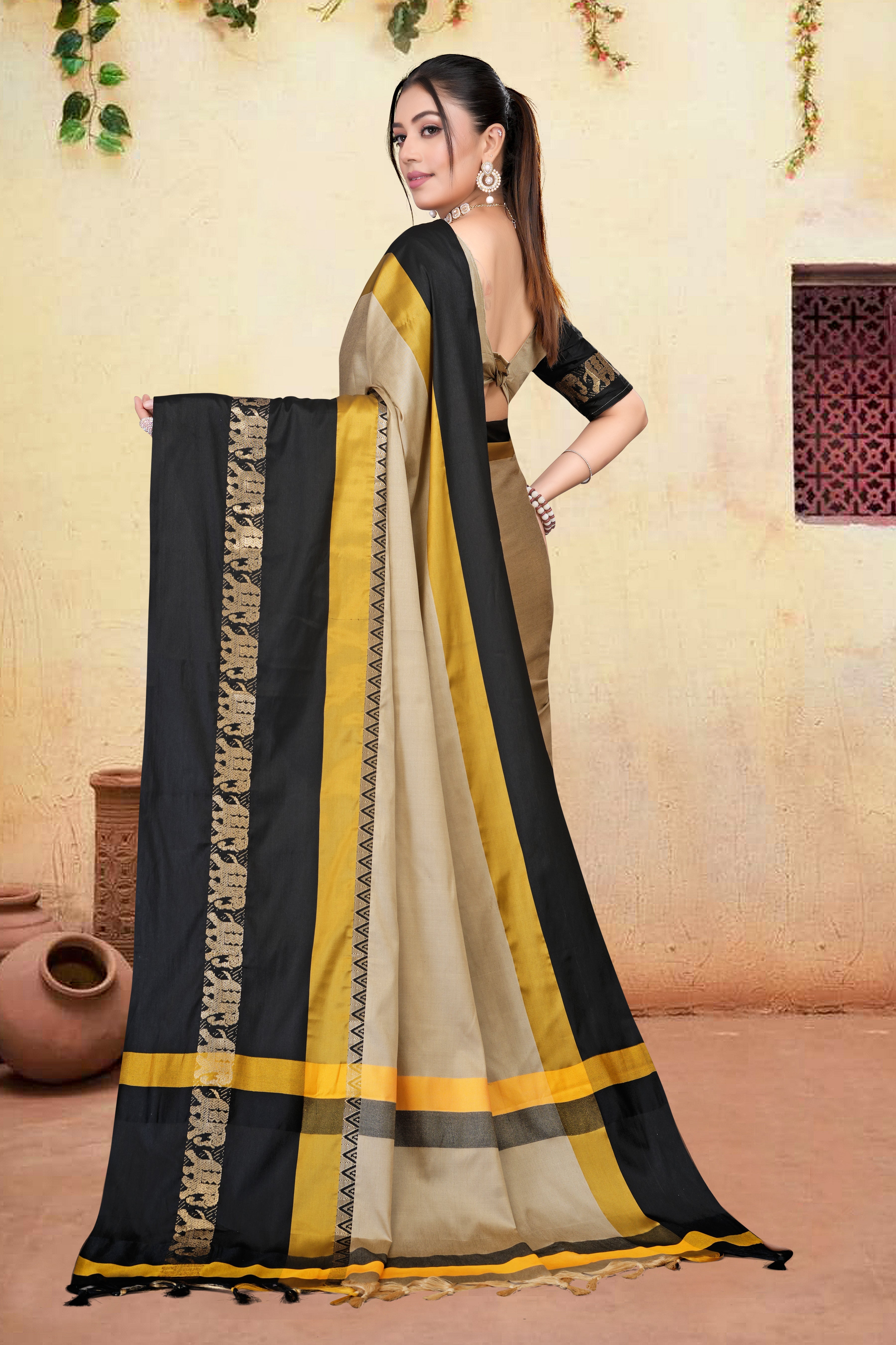 Beige & Black Hathi Design (Elephant) Cotton Silk Saree