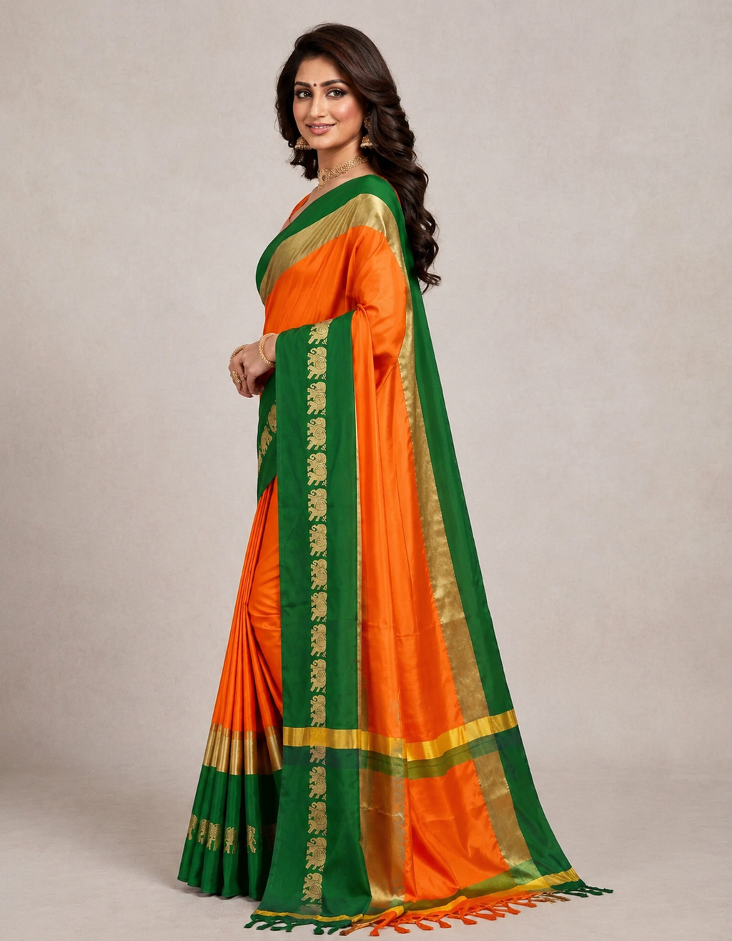 Turmeric Yellow & Green Hathi Design (Elephant) Cotton Silk Saree