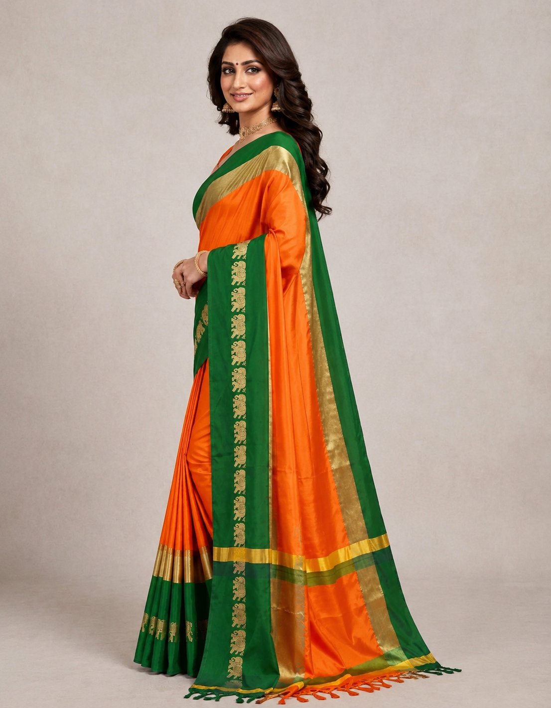 Turmeric Yellow & Green Hathi Design (Elephant) Cotton Silk Saree