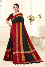 Black & Red Hathi Design (Elephant) Cotton Silk Saree